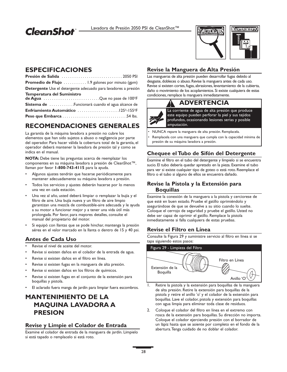 Especificaciones, Recomendaciones generales, Mantenimiento de la maquina lavadora a presion | Advertencia | Briggs & Stratton CleanShot 020244-0 User Manual | Page 28 / 32