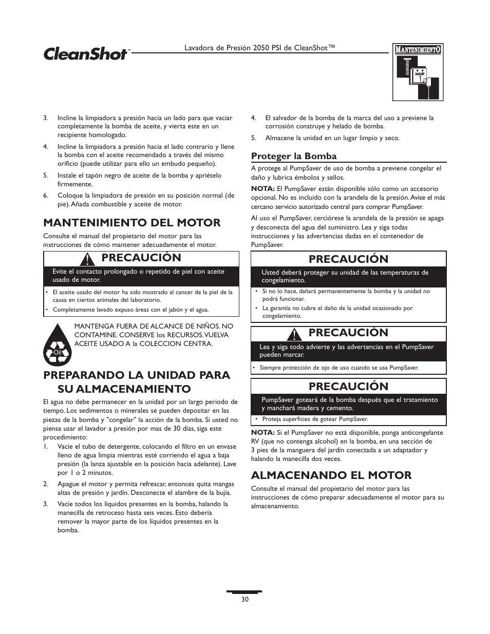 Mantenimiento del motor, Preparando la unidad para su almacenamiento, Almacenando el motor | Precaución | Briggs & Stratton CleanShot 020244-0 User Manual | Page 30 / 32