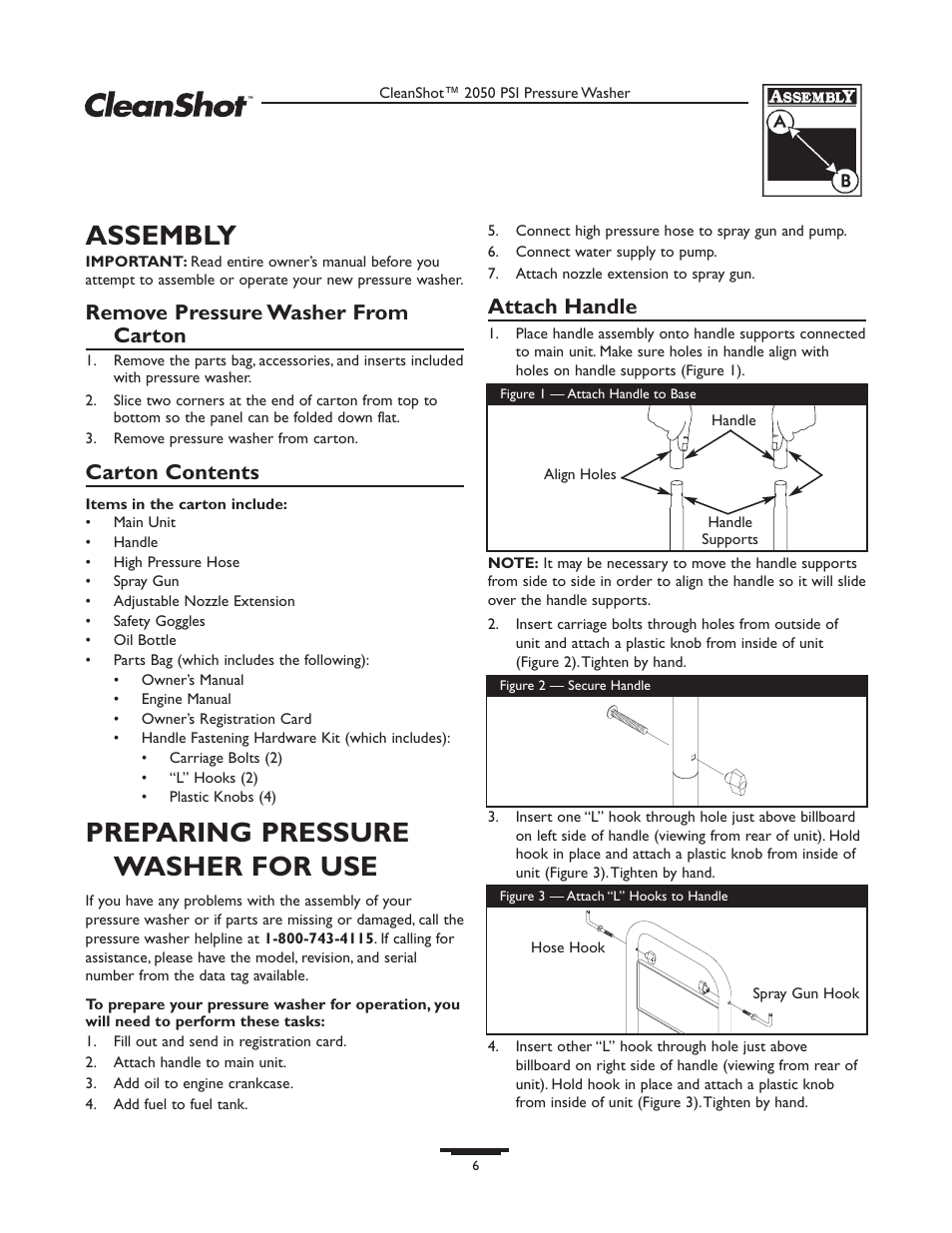 Assembly, Preparing pressure washer for use, Remove pressure washer from carton | Carton contents, Attach handle | Briggs & Stratton CleanShot 020244-0 User Manual | Page 6 / 32