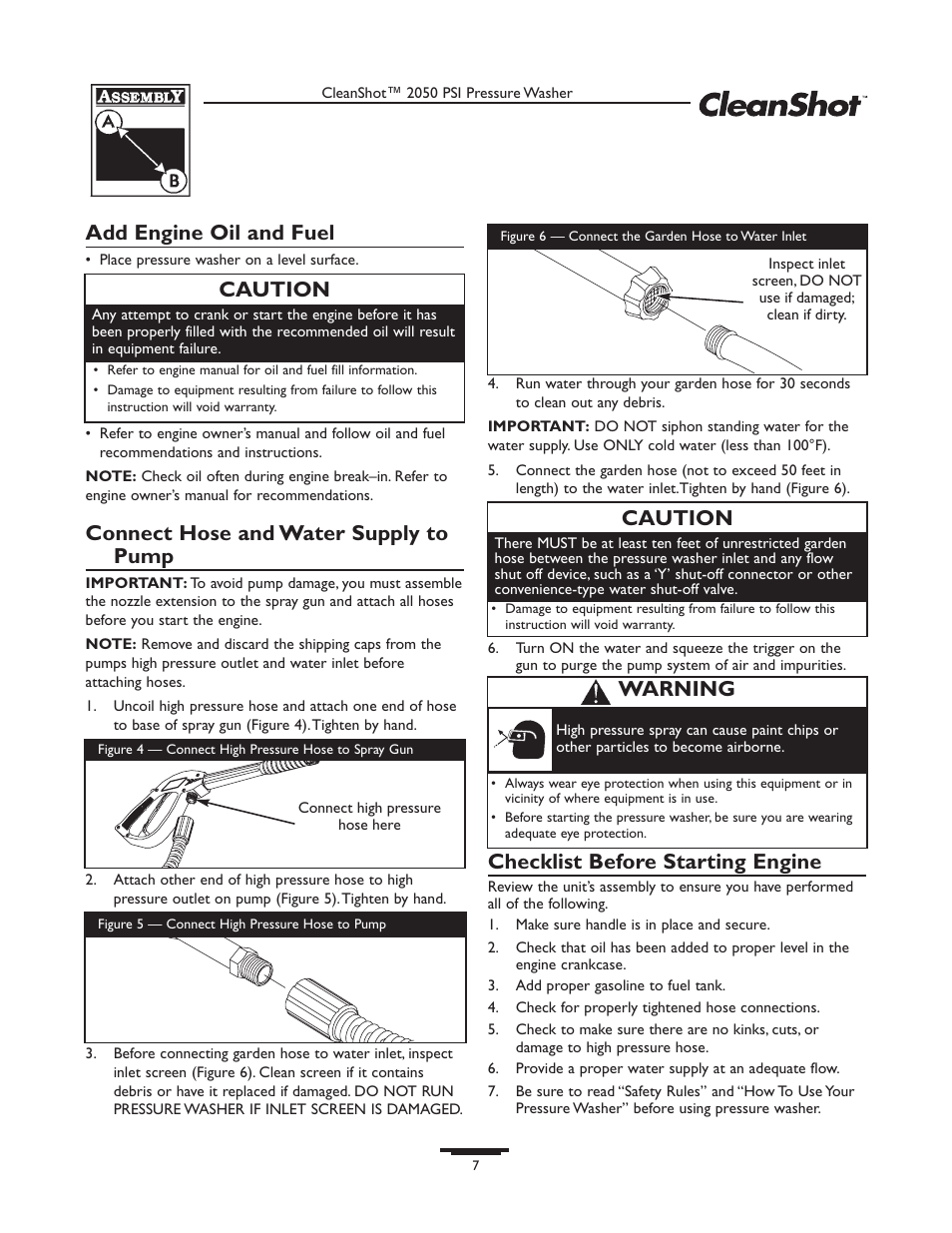 Add engine oil and fuel, Connect hose and water supply to pump, Checklist before starting engine | Caution, Warning | Briggs & Stratton CleanShot 020244-0 User Manual | Page 7 / 32