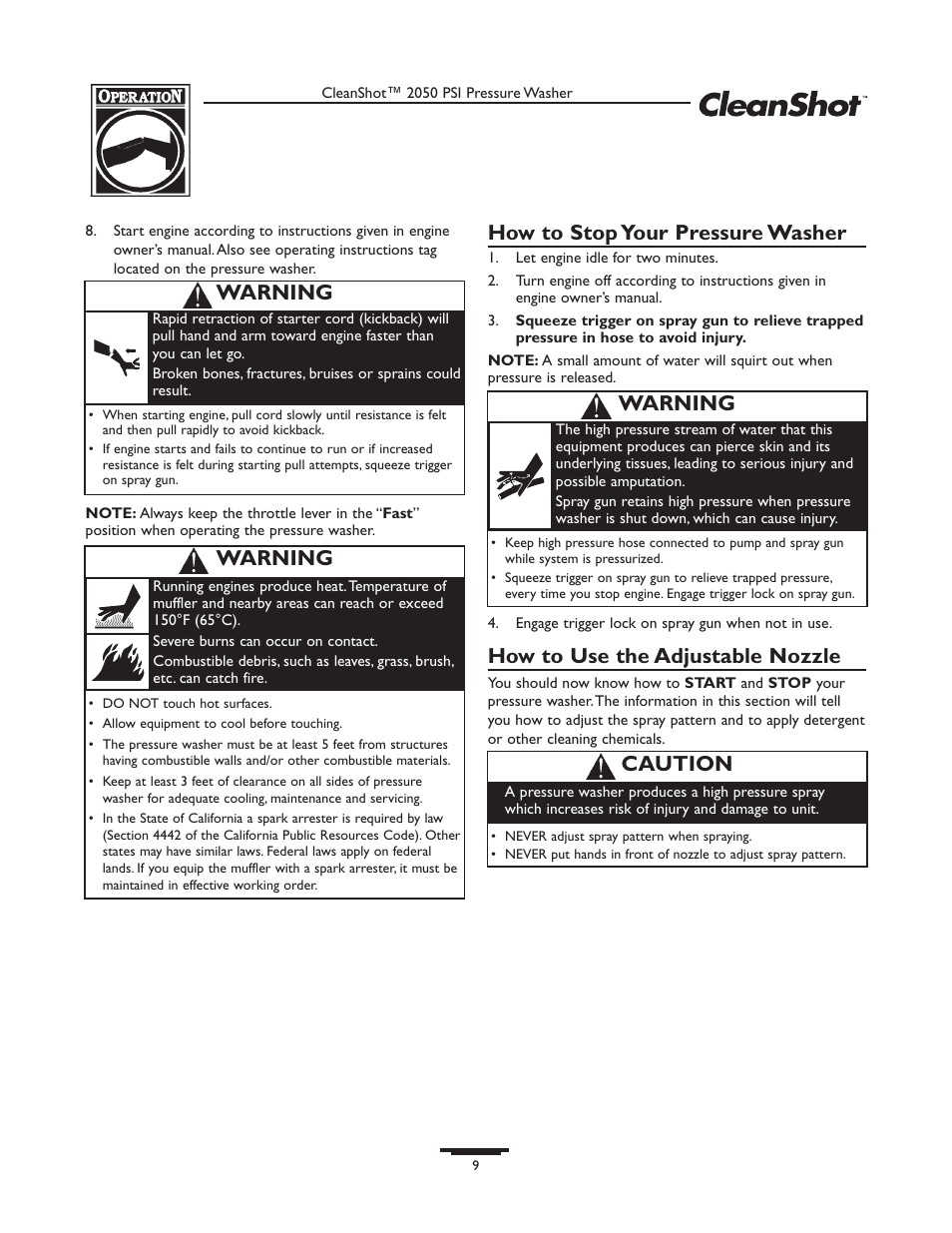 How to stop your pressure washer, How to use the adjustable nozzle, Caution | Warning | Briggs & Stratton CleanShot 020244-0 User Manual | Page 9 / 32