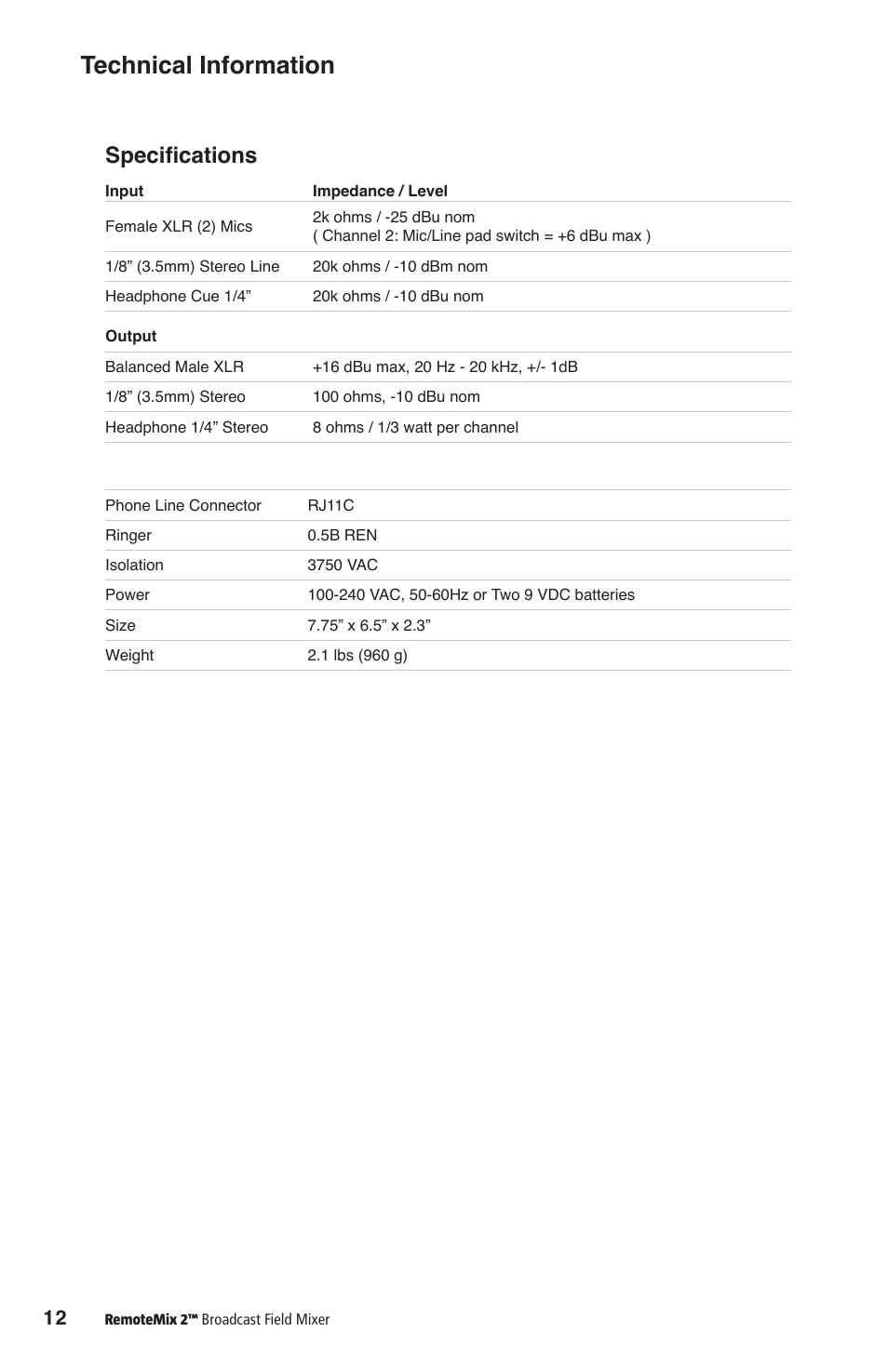 Technical information, Specifications | JK Audio RemoteMix 2 User Manual | Page 16 / 20