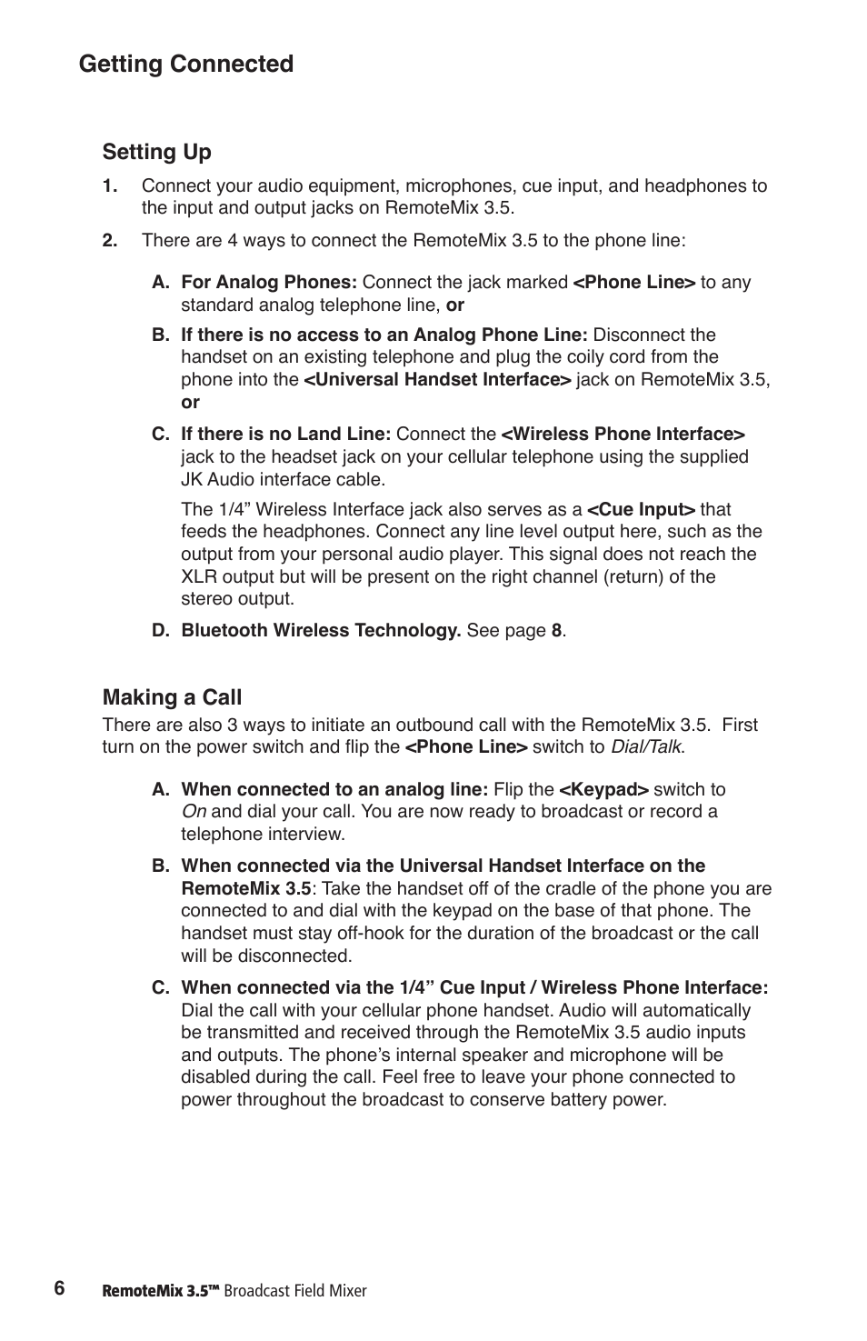 Getting connected, Setting up, Making a call | JK Audio RemoteMix 3.5 User Manual | Page 10 / 20