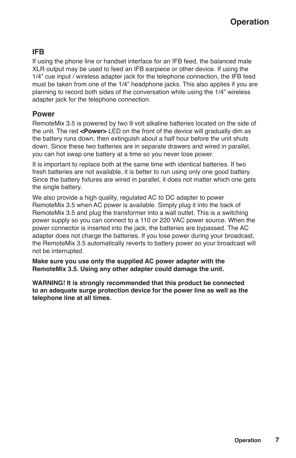 Operation, Power | JK Audio RemoteMix 3.5 User Manual | Page 11 / 20
