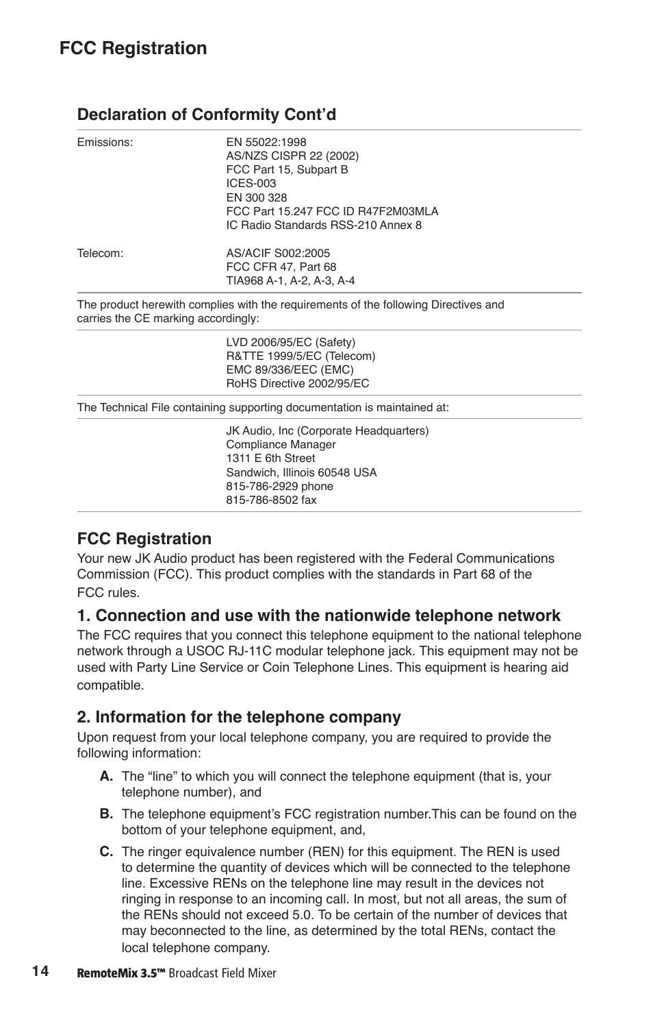 Fcc registration, Declaration of conformity cont’d fcc registration, Information for the telephone company | JK Audio RemoteMix 3.5 User Manual | Page 18 / 20
