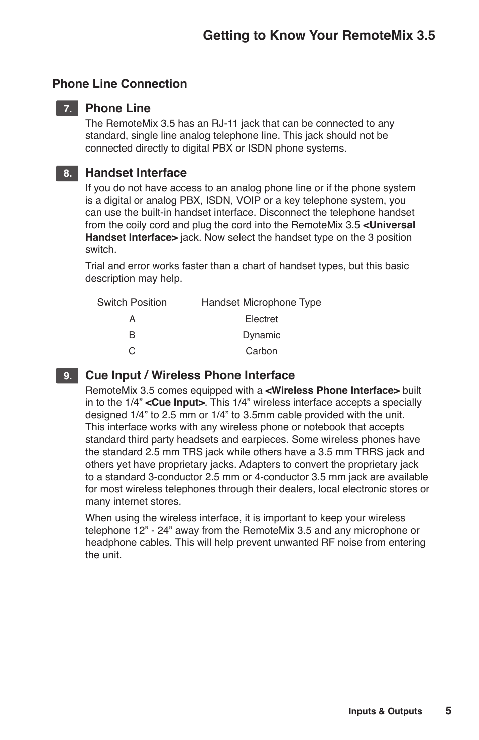 Getting to know your remotemix 3.5, Phone line connection, Phone line | Handset interface, Cue input / wireless phone interface | JK Audio RemoteMix 3.5 User Manual | Page 9 / 20