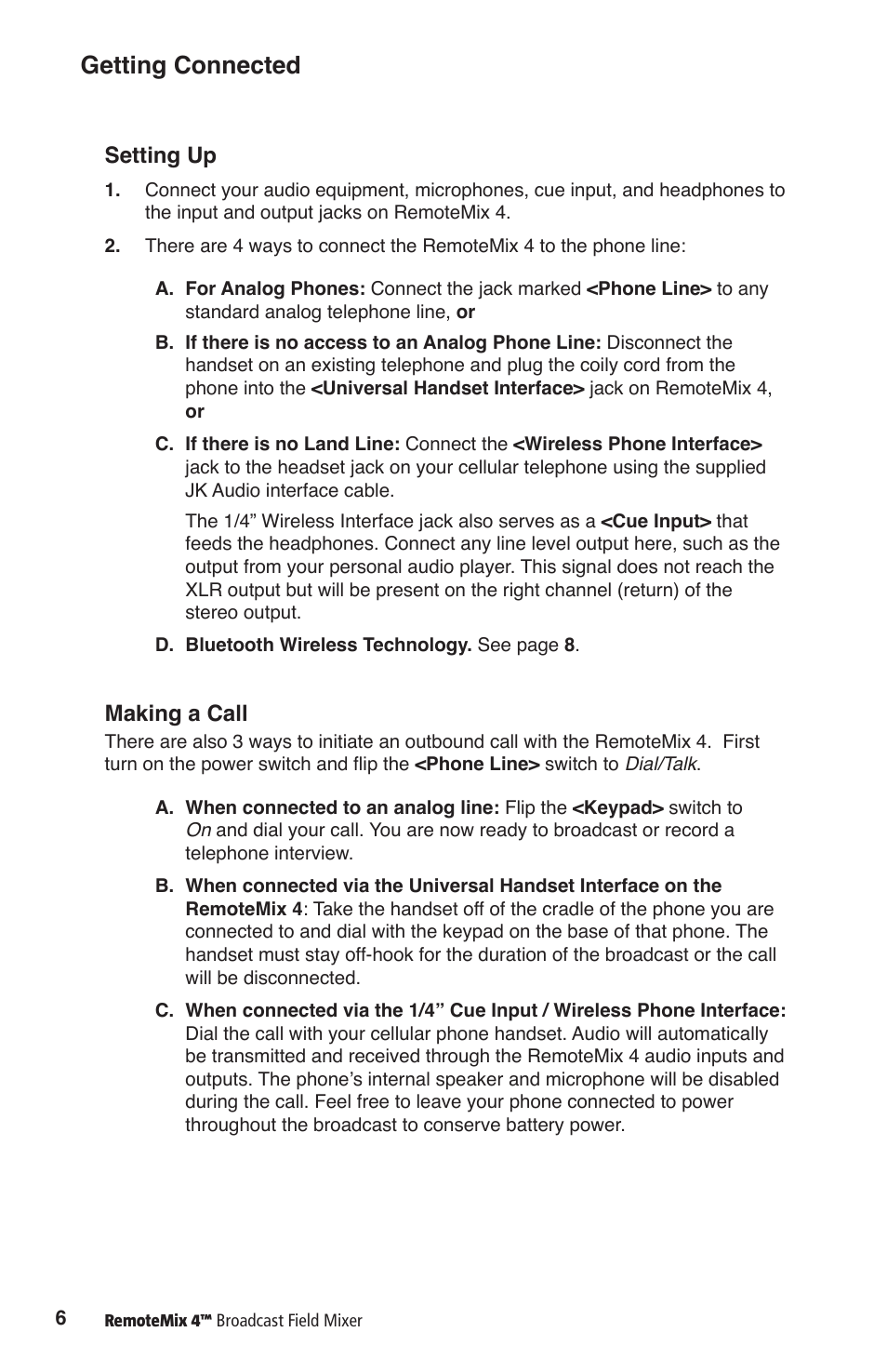 Getting connected, Setting up, Making a call | JK Audio RemoteMix 4 User Manual | Page 10 / 20