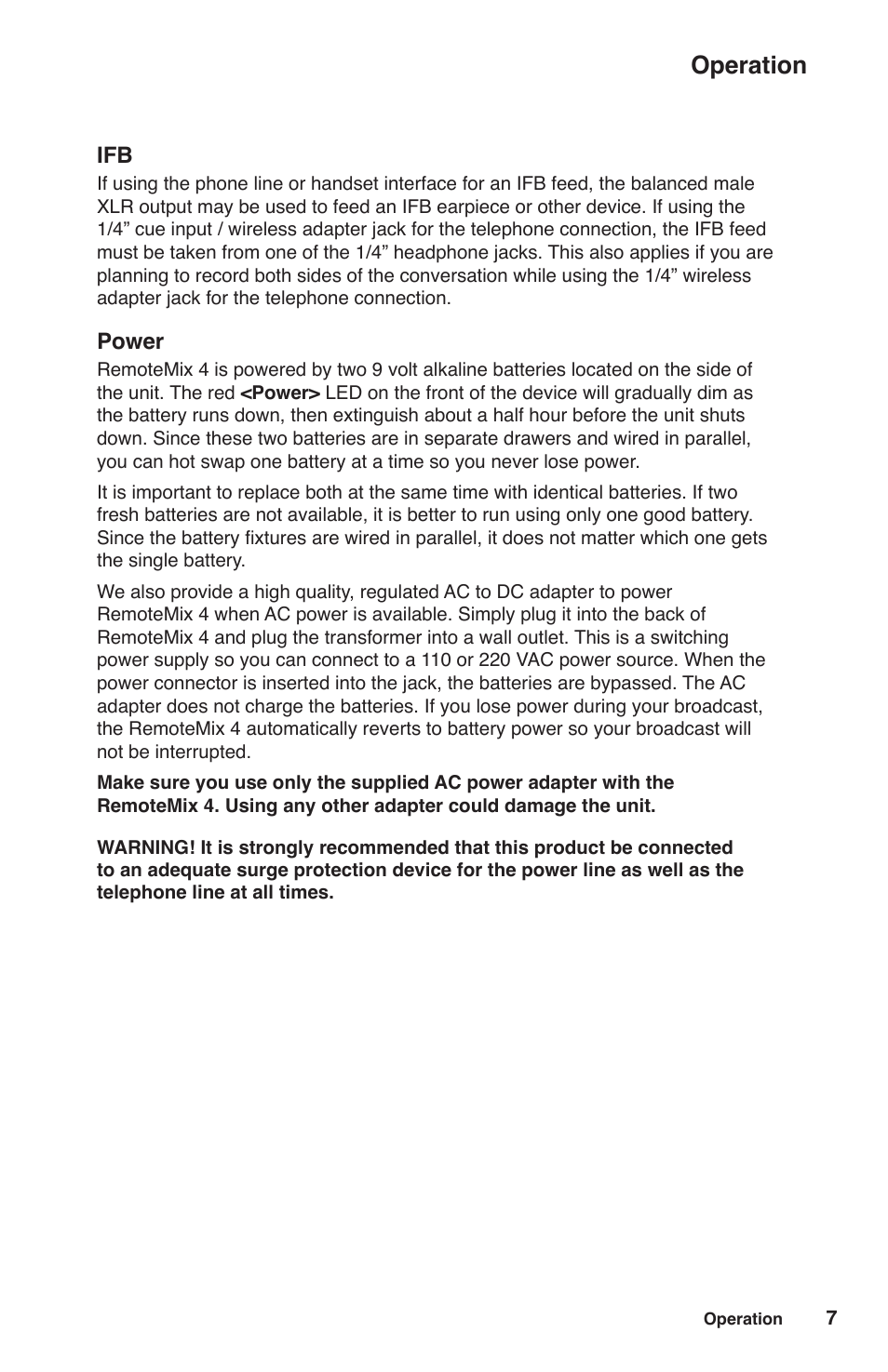 Operation, Power | JK Audio RemoteMix 4 User Manual | Page 11 / 20