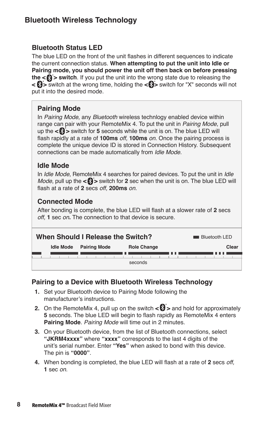 Bluetooth wireless technology, Pairing mode, Idle mode | Connected mode, Bluetooth status led, When should i release the switch | JK Audio RemoteMix 4 User Manual | Page 12 / 20