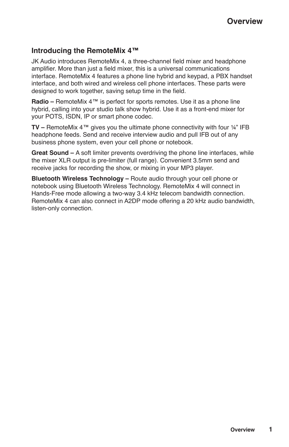 Overview, Introducing the remotemix 4 | JK Audio RemoteMix 4 User Manual | Page 5 / 20