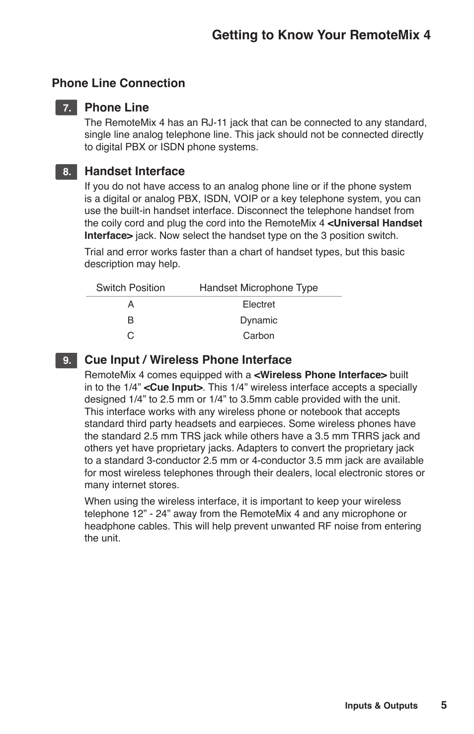 Getting to know your remotemix 4, Phone line connection, Phone line | Handset interface, Cue input / wireless phone interface | JK Audio RemoteMix 4 User Manual | Page 9 / 20