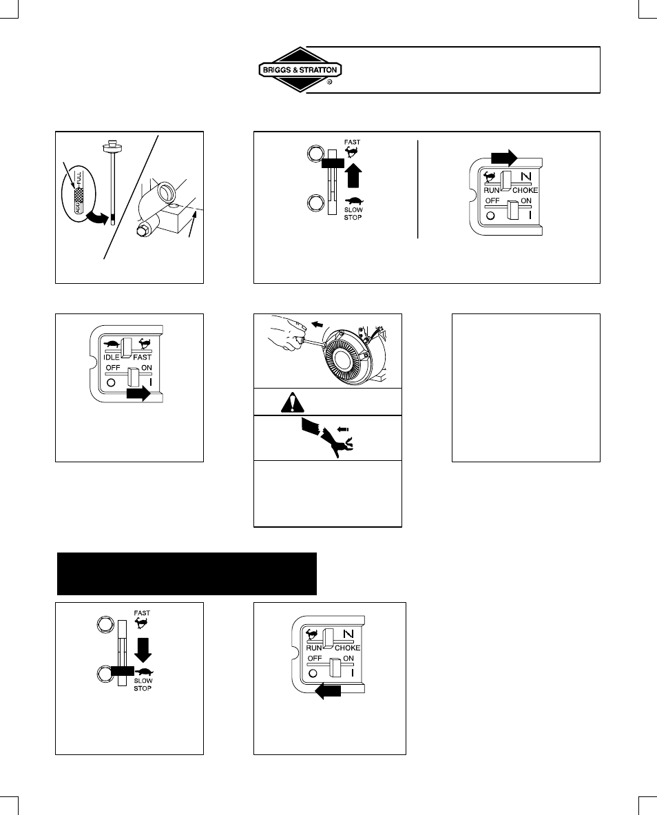 Starting and stopping, Rewind (manual) starter, Warning | Briggs & Stratton 135200 User Manual | Page 9 / 20