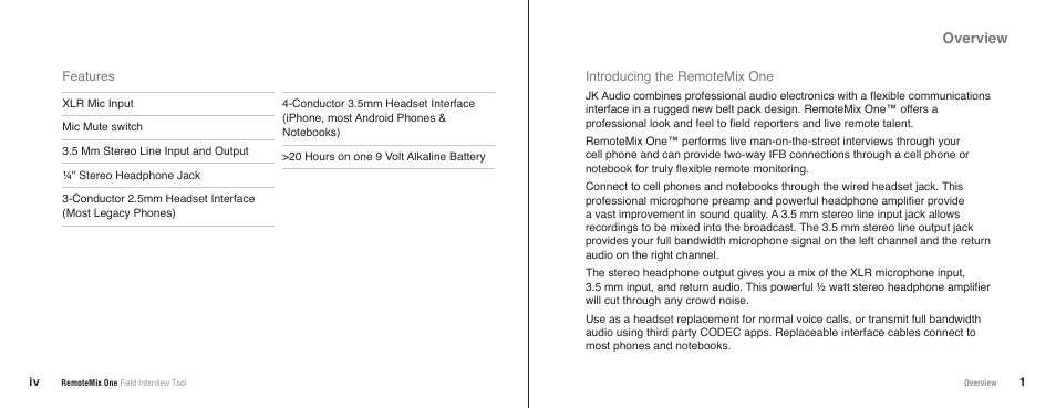 Overview | JK Audio RemoteMix One User Manual | Page 3 / 9