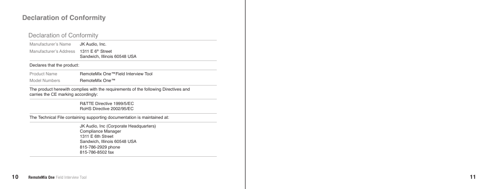 Declaration of conformity | JK Audio RemoteMix One User Manual | Page 8 / 9