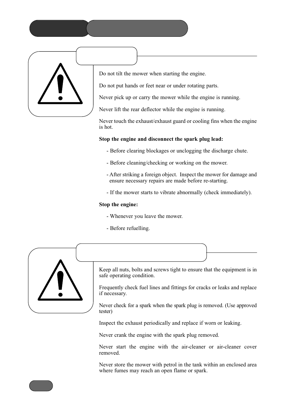 Safety precautions, Operation maintenance & storage | Briggs & Stratton Harrier 41 User Manual | Page 8 / 36