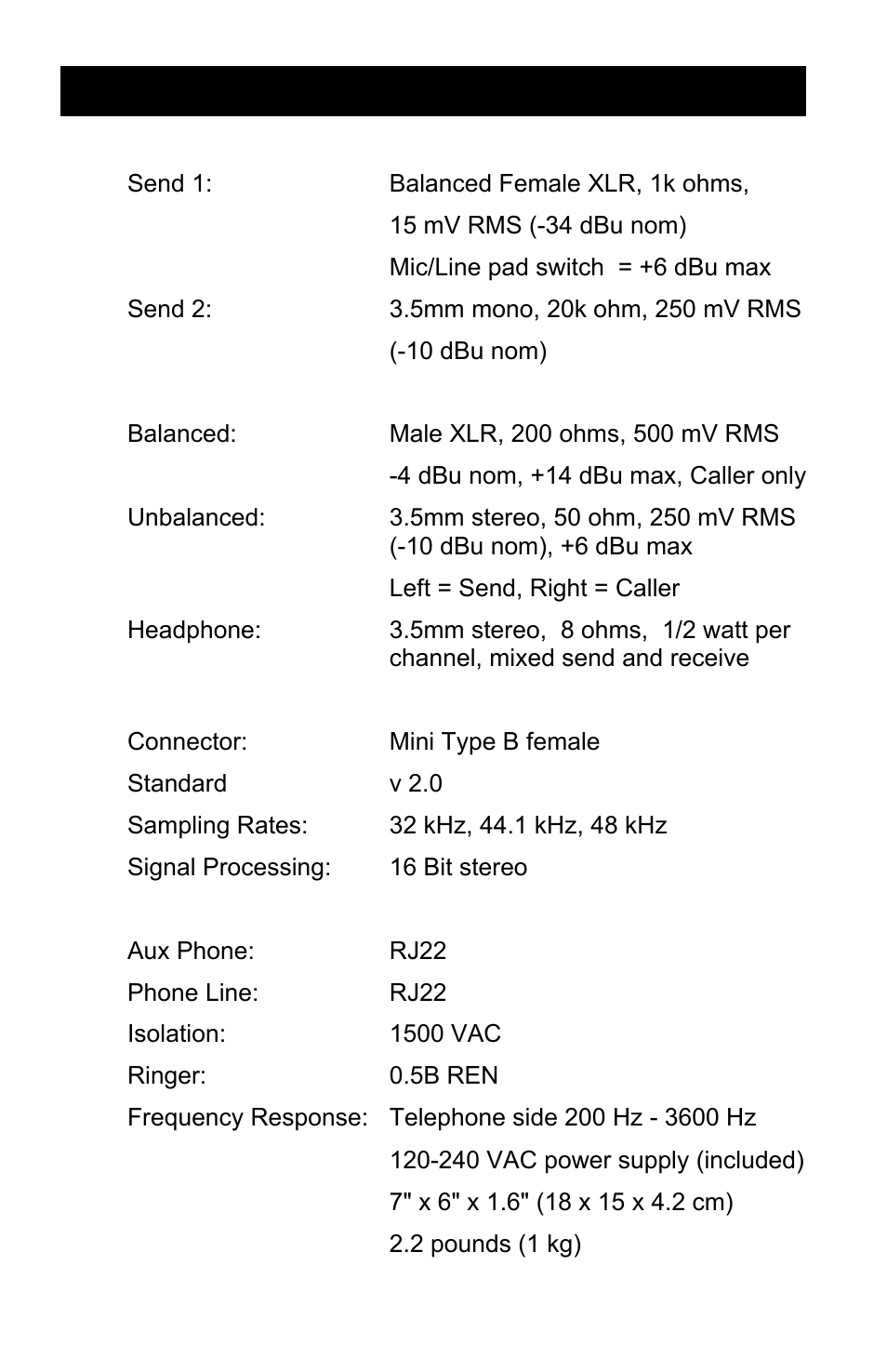 Specifications | JK Audio Universal Host User Manual | Page 12 / 16
