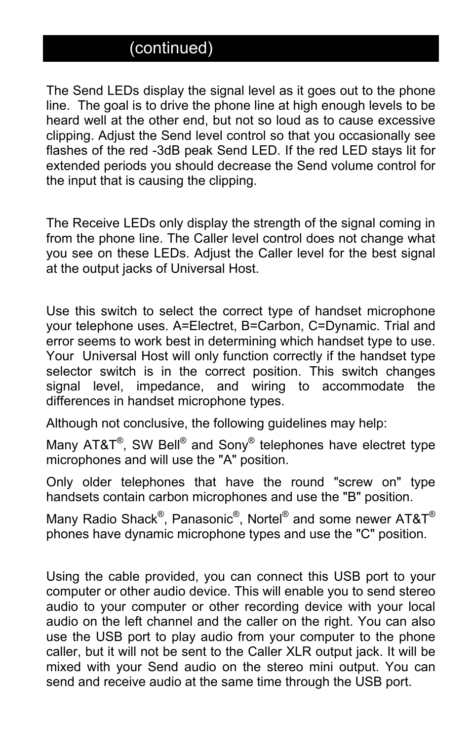 Operation (continued), Many at&t, Sw bell | And sony, Many radio shack, Panasonic, Nortel, And some newer at&t | JK Audio Universal Host User Manual | Page 9 / 16