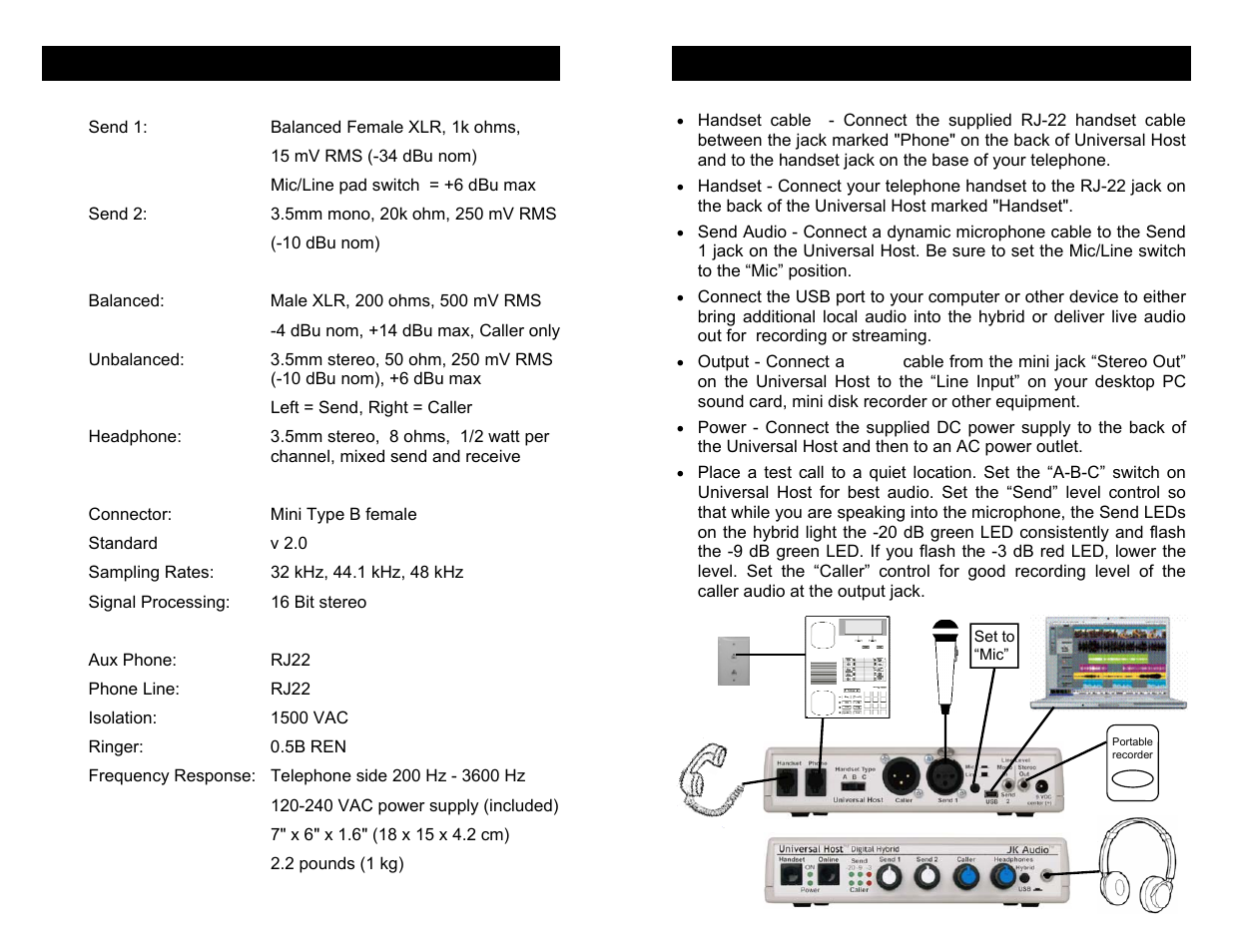 Specifications, Connection | JK Audio Universal Host User Manual | Page 5 / 8