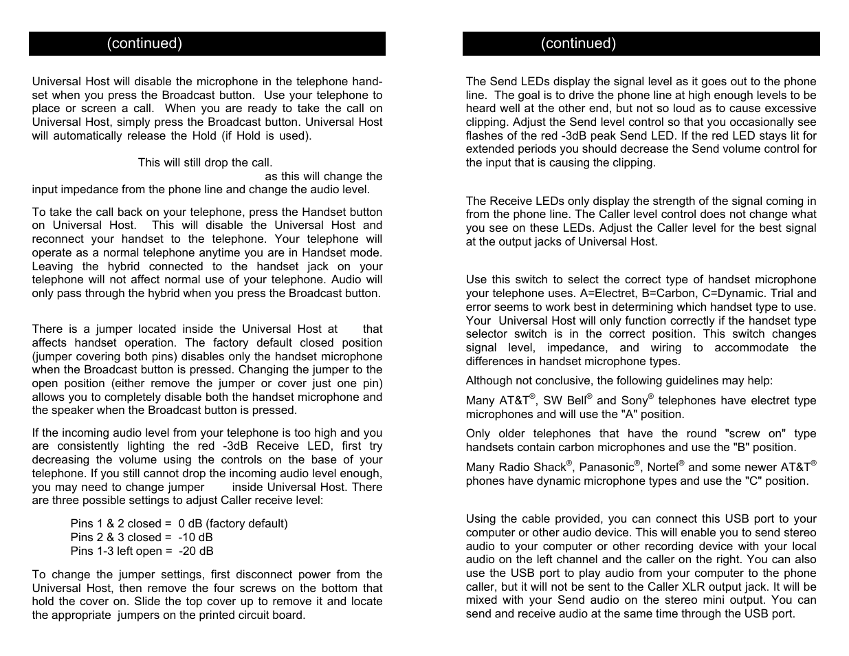 Operation (continued) | JK Audio Universal Host User Manual | Page 8 / 8