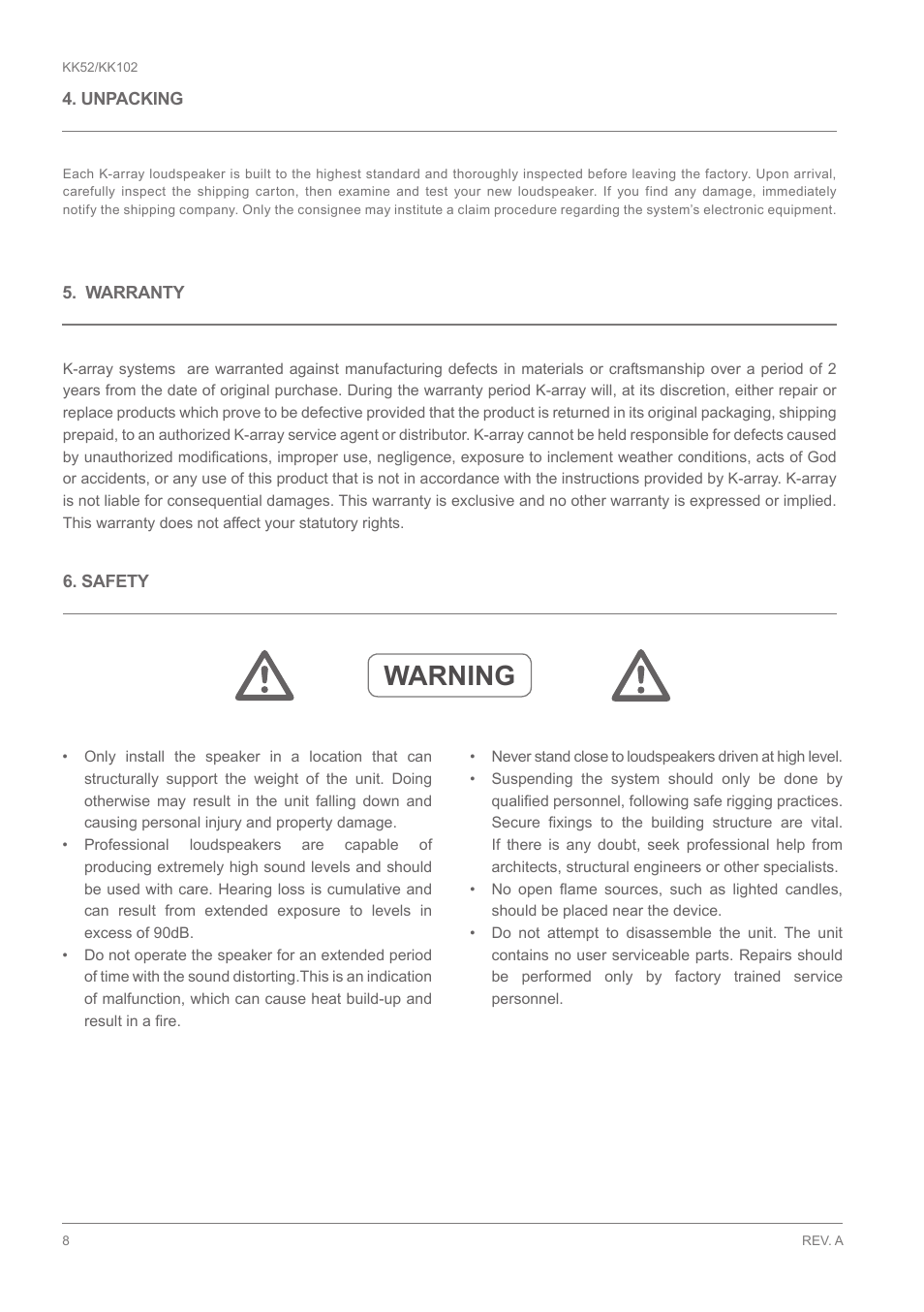 Warning | K-array KK102 User Manual | Page 8 / 24