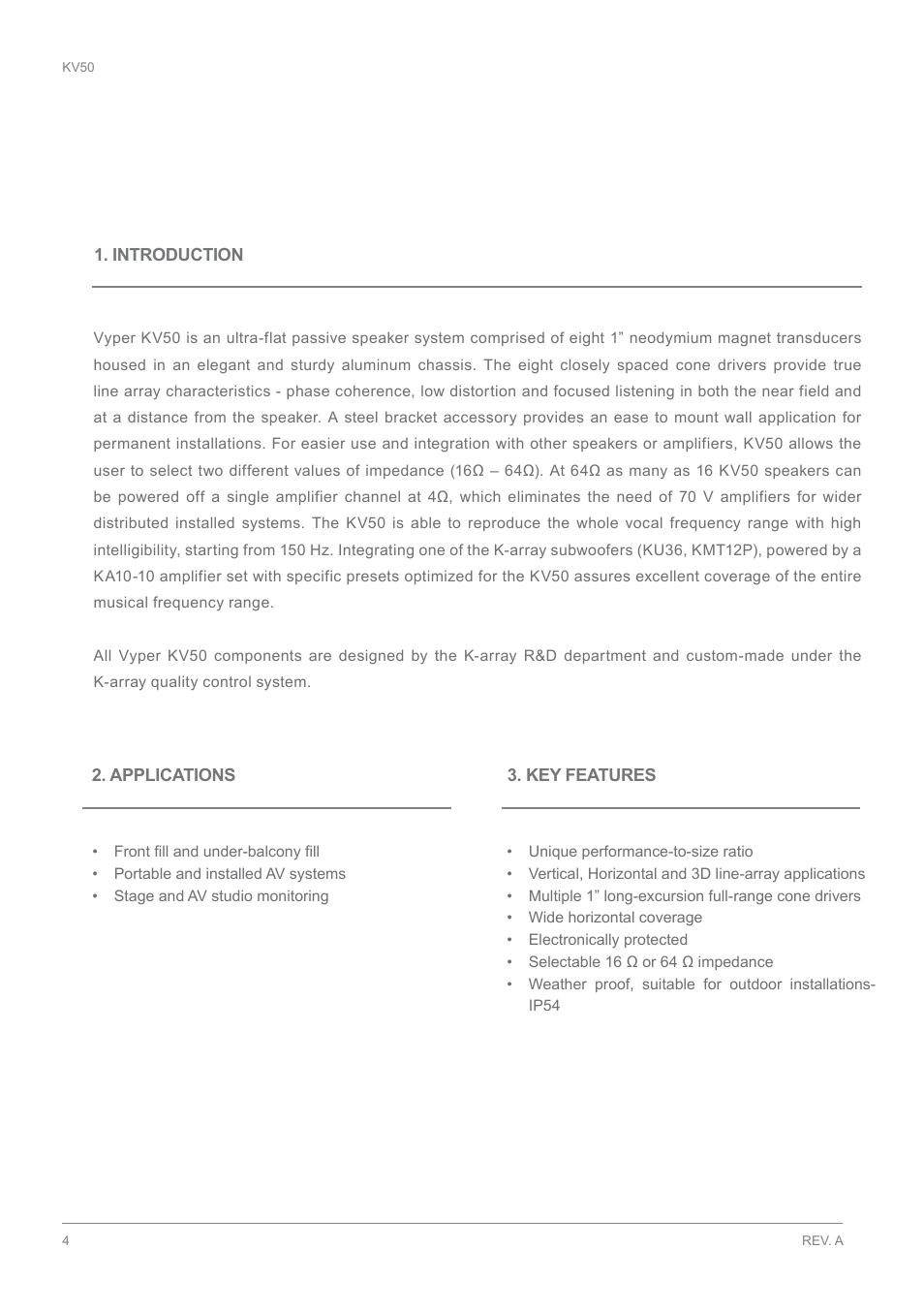 Introduction, Applications, Key features | K-array KV50 User Manual | Page 4 / 11