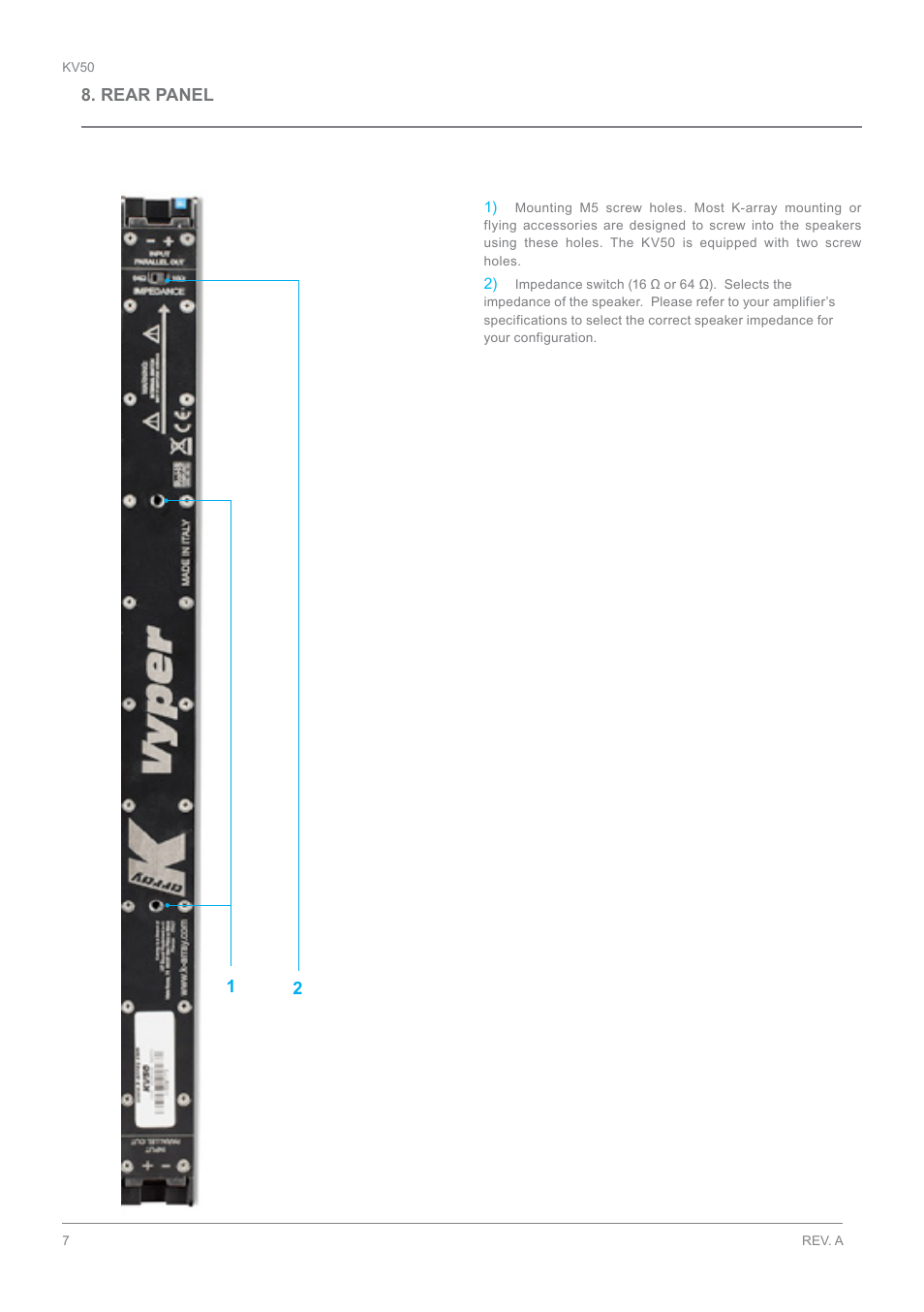 Rear panel | K-array KV50 User Manual | Page 7 / 11
