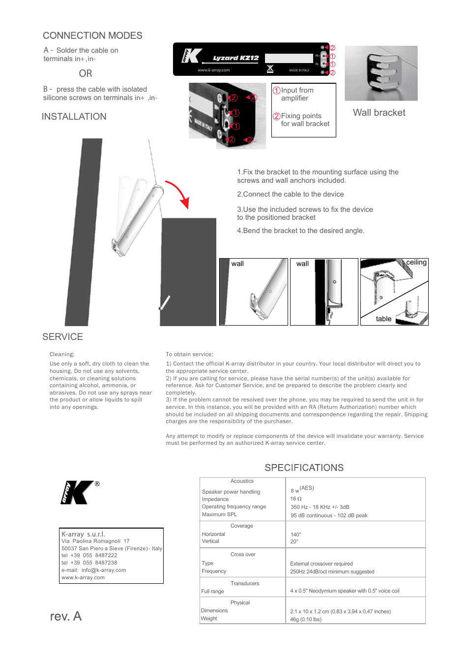 Wall bracket, Installation, Service | K-array KZ12 User Manual | Page 2 / 2