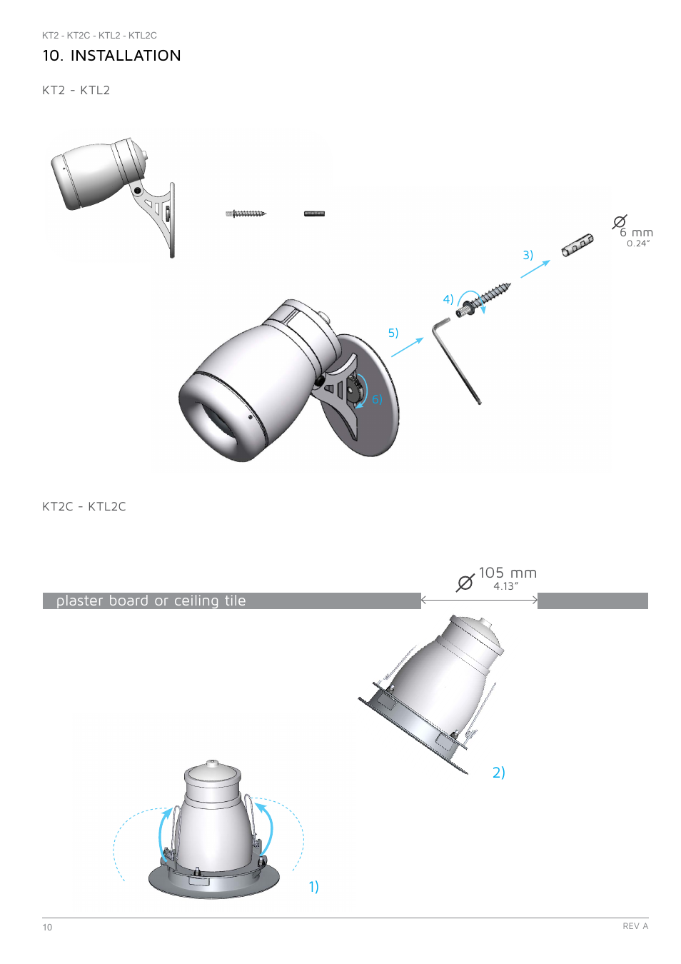 Installation, 105 mm, Plaster board or ceiling tile 1) 2) | K-array KT2-KT2C User Manual | Page 10 / 16