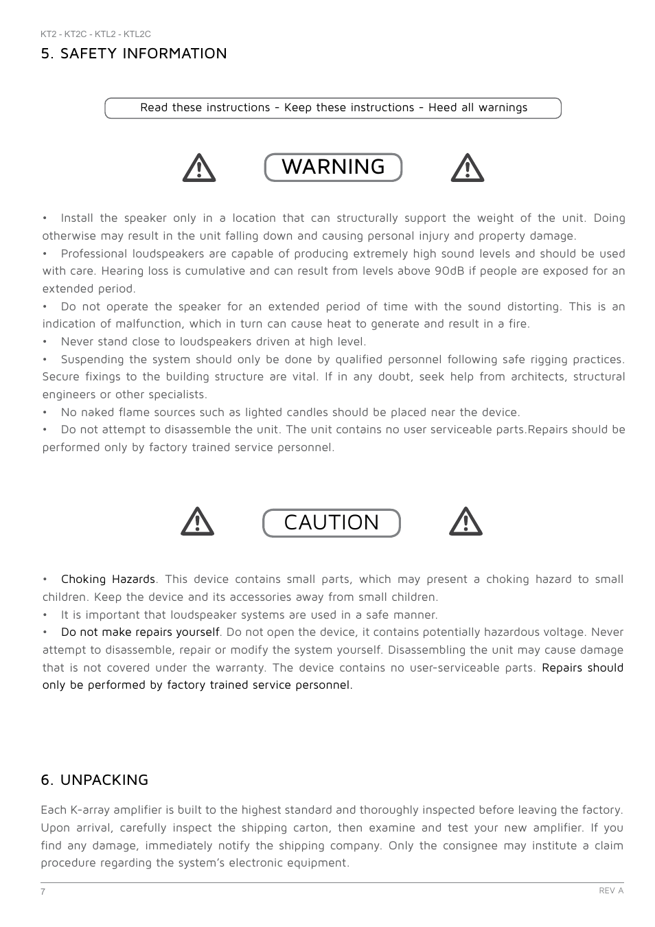 Safety information, Unpacking, Warning | Caution | K-array KT2-KT2C User Manual | Page 7 / 16