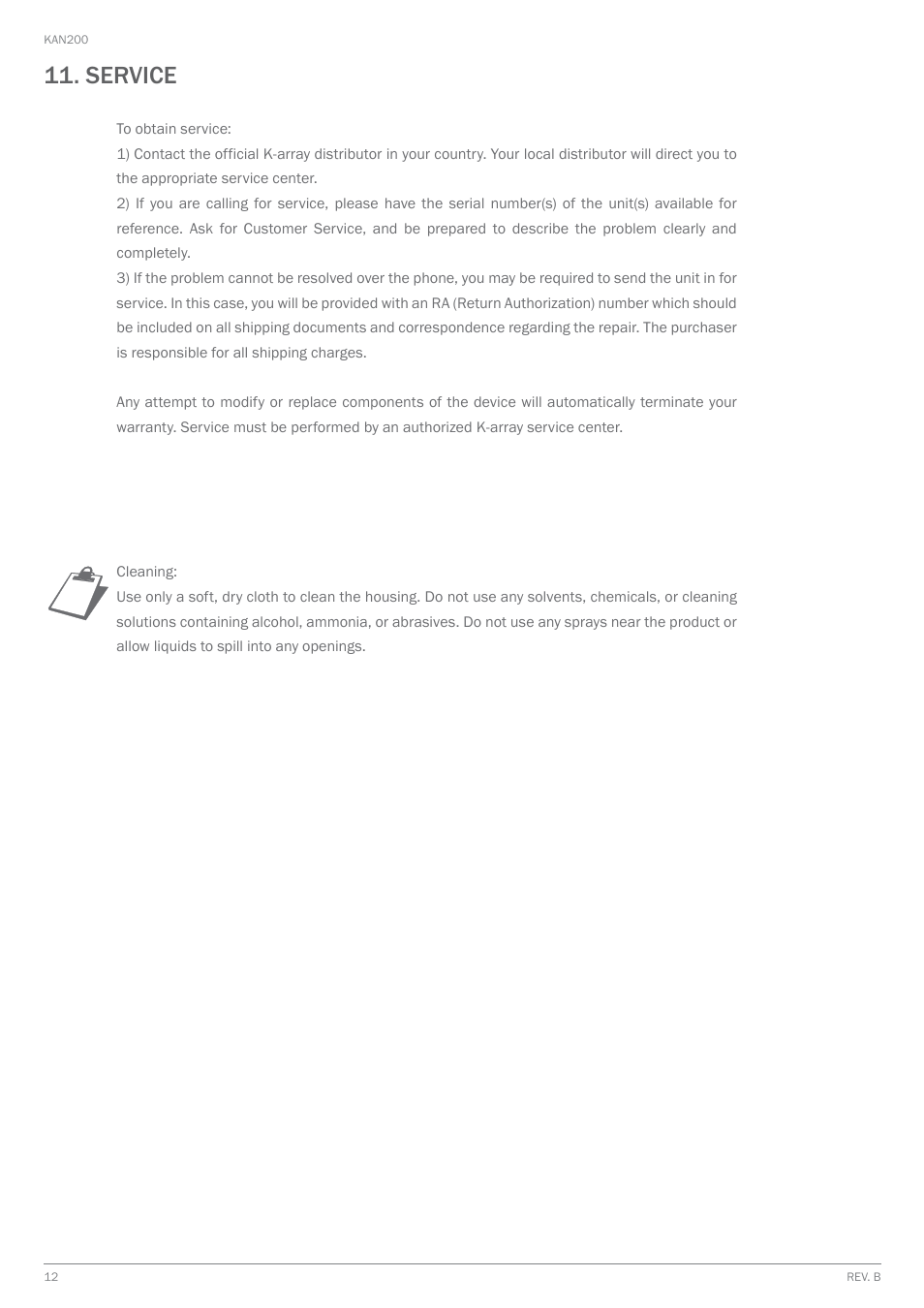 Service | K-array KAN200 User Manual | Page 12 / 16