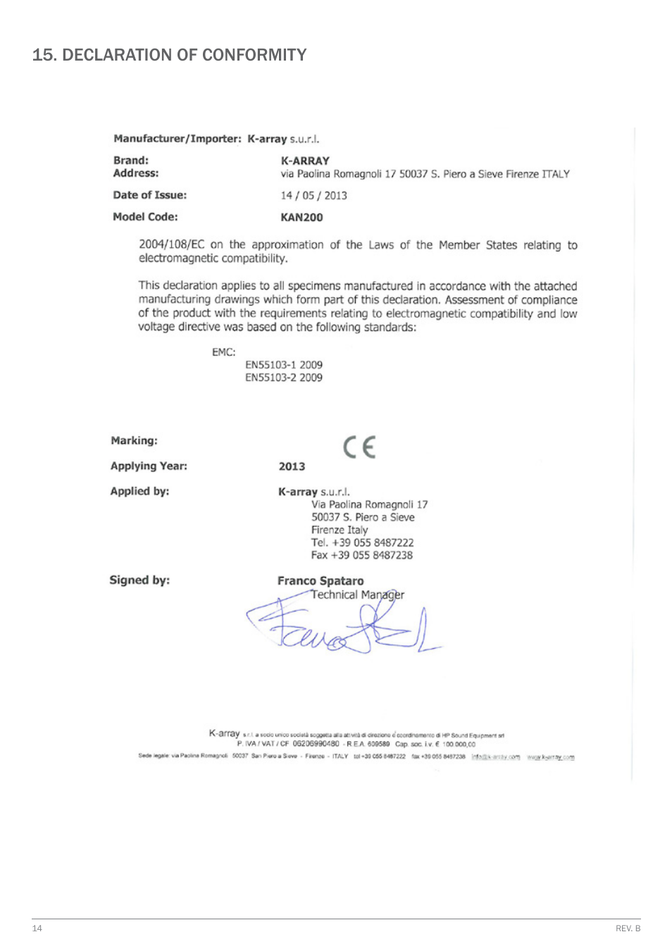 Declaration of conformity | K-array KAN200 User Manual | Page 14 / 16