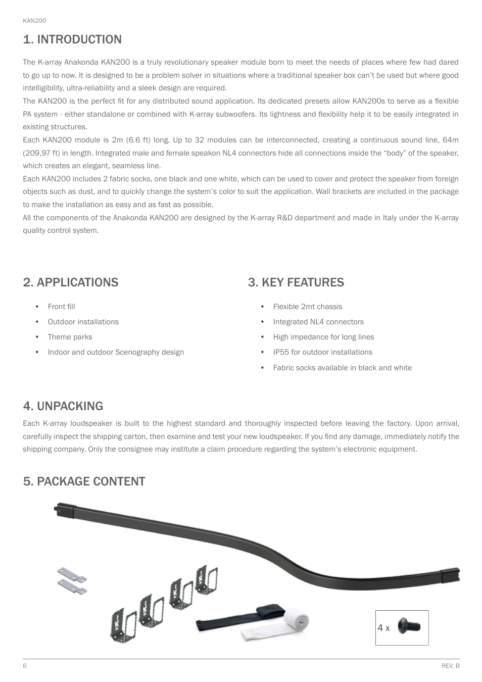 Introduction, Applications, Unpacking | Package content, Key features, Introduction 2. applications 3. key features | K-array KAN200 User Manual | Page 6 / 16