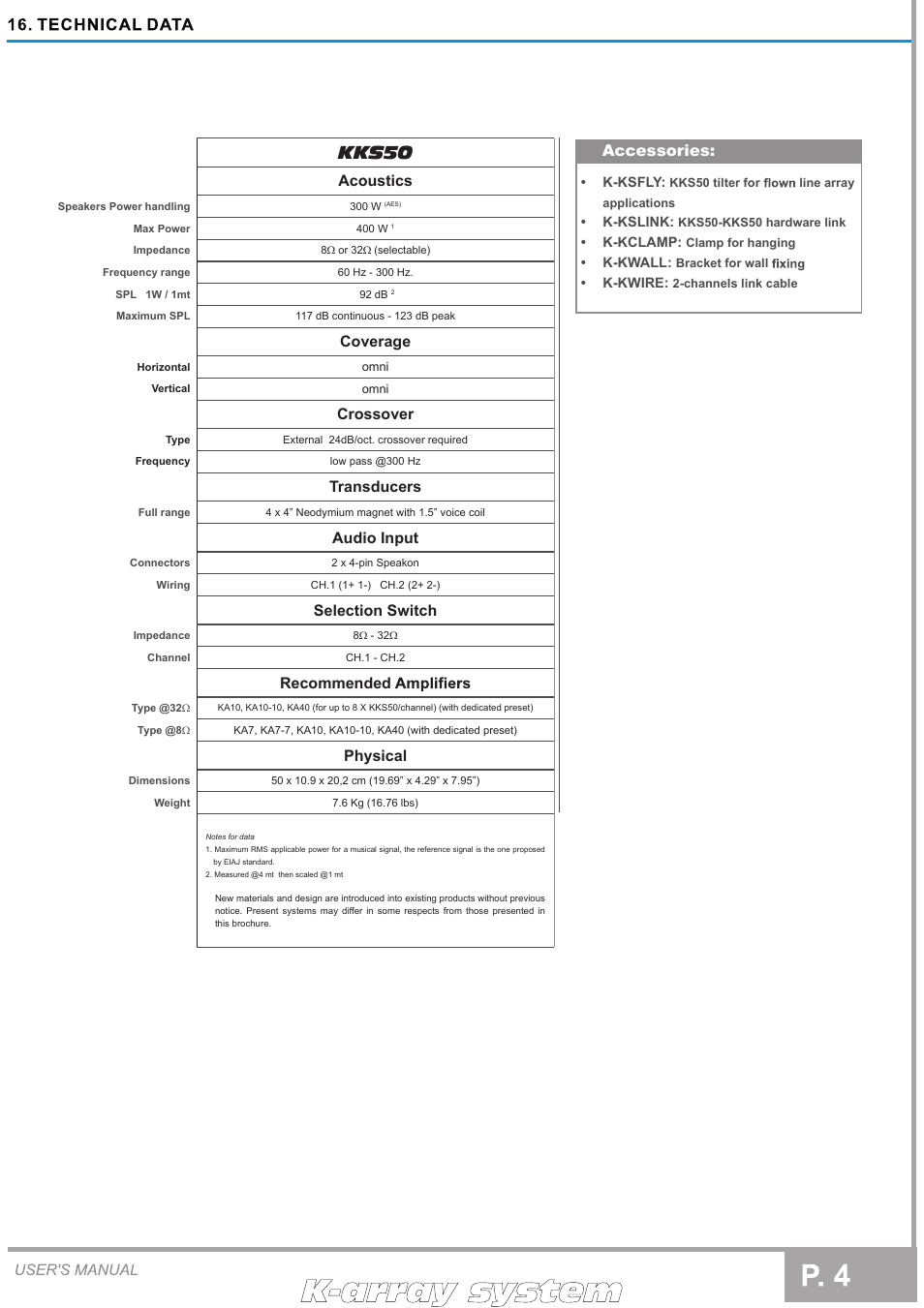 Kks50, Acoustics, Coverage | Crossover, Transducers, Audio input, Selection switch, Recommended, Physical, Accessories | K-array KKS50 User Manual | Page 4 / 4