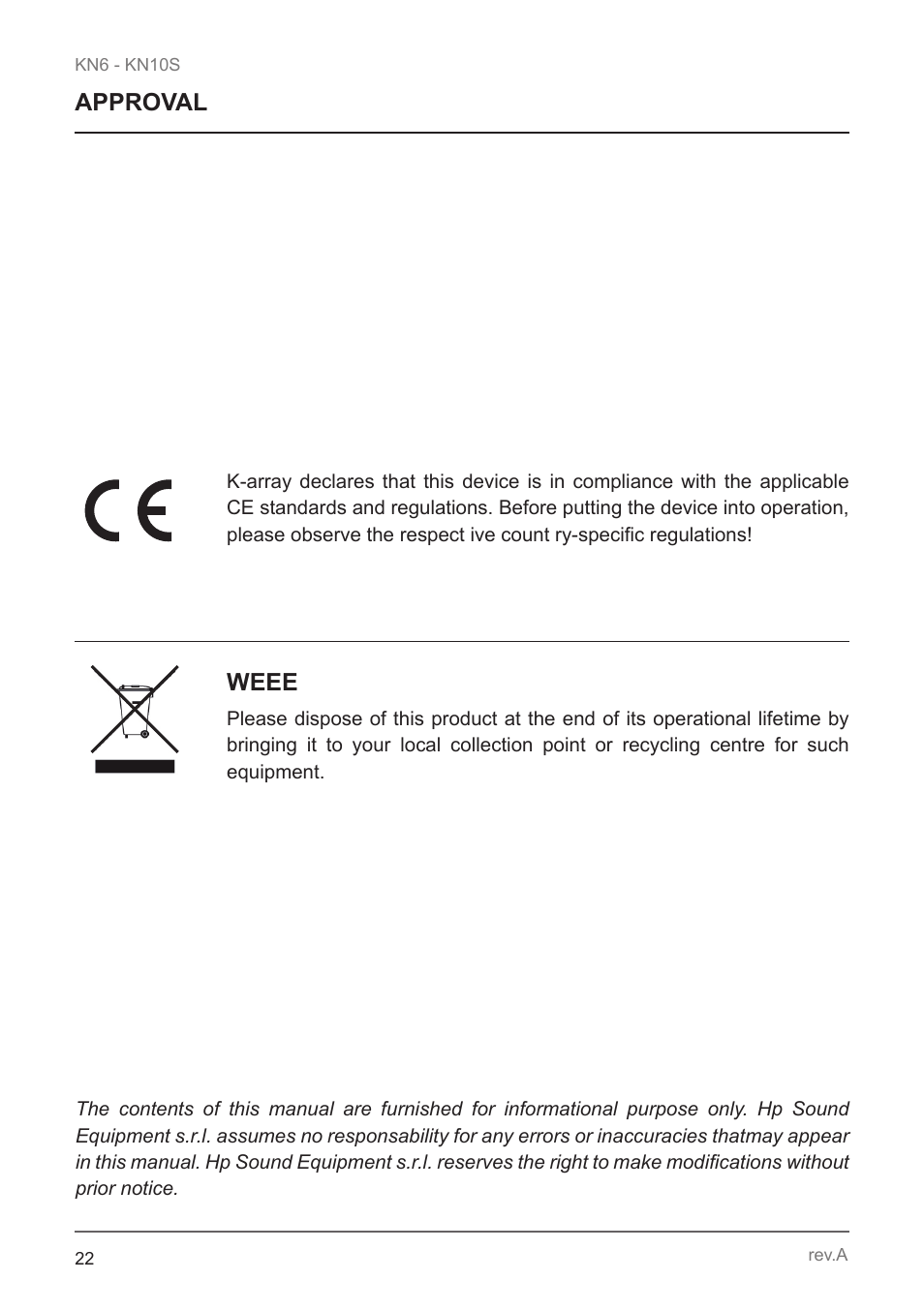 Approval weee | K-array KN10S User Manual | Page 22 / 24