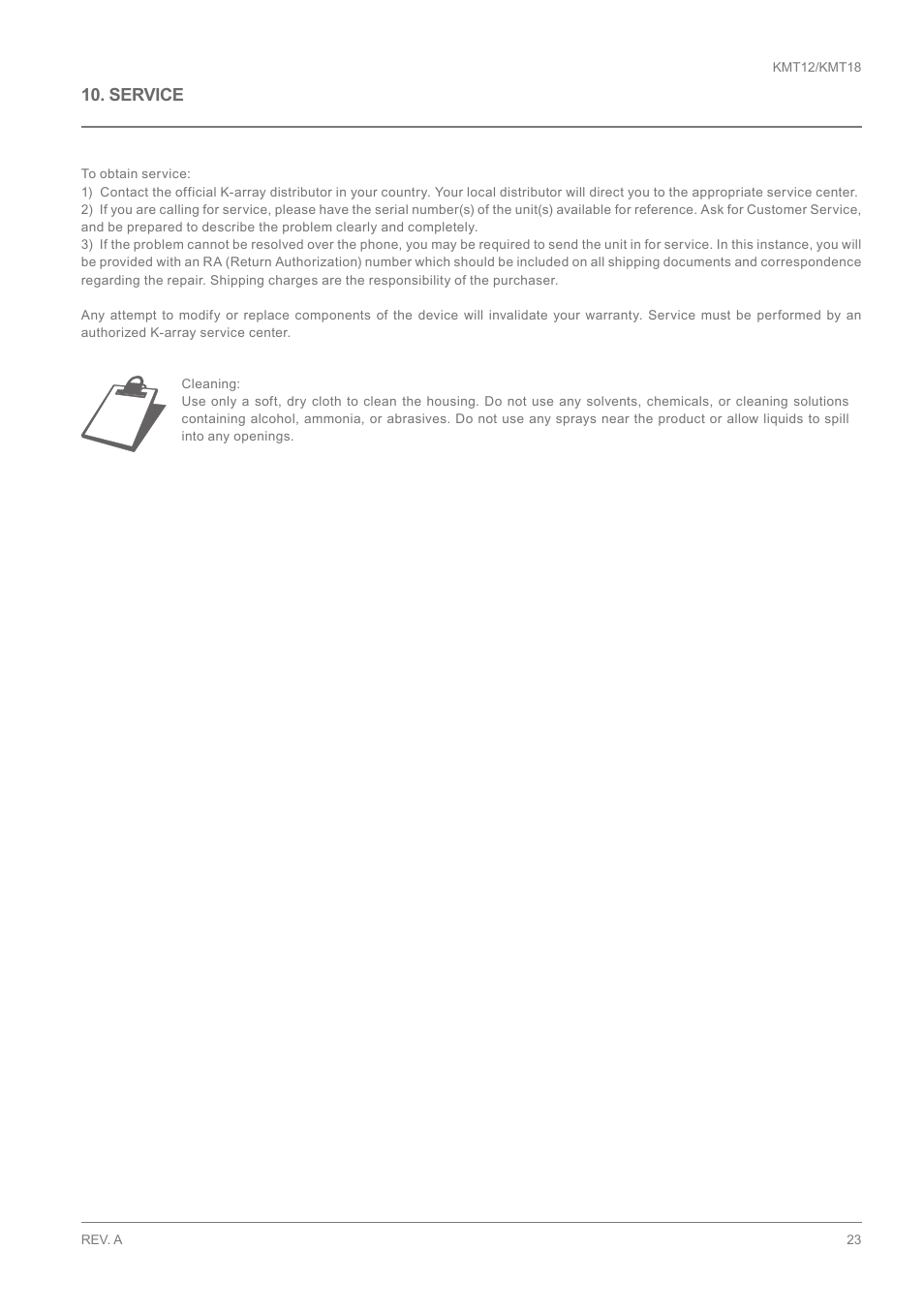 Service | K-array KMT18 User Manual | Page 23 / 28