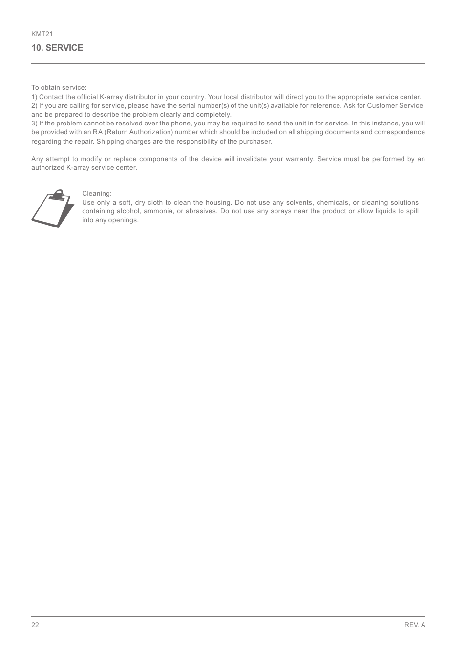 Service | K-array KMT21 User Manual | Page 22 / 28