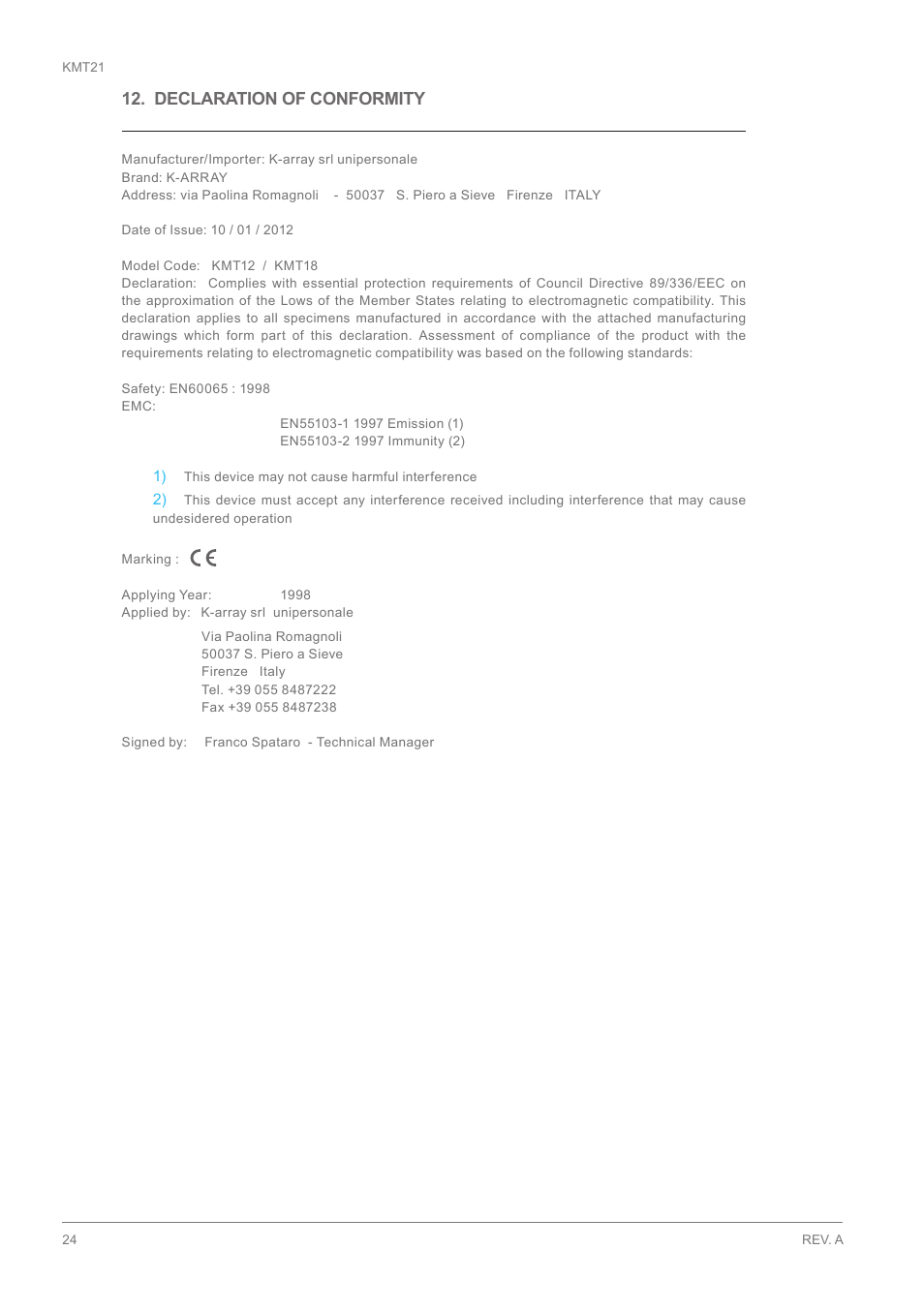 Declaration of conformity | K-array KMT21 User Manual | Page 24 / 28