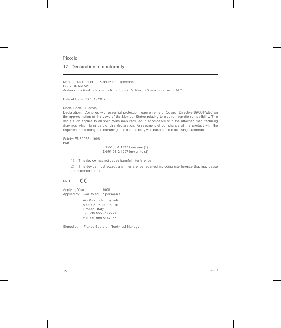 Piccolo | K-array Piccolo User Manual | Page 18 / 20