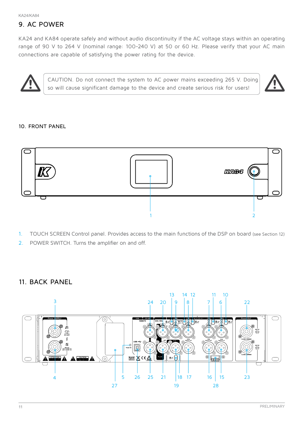 Ac power, Front panel, Back panel | K-array KA24 User Manual | Page 11 / 24