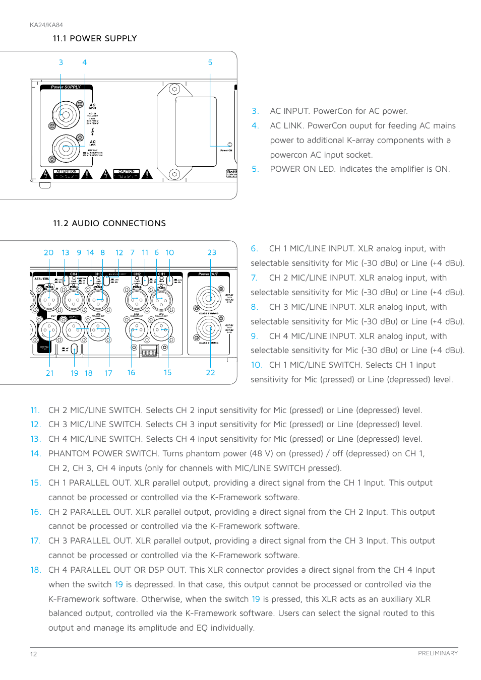 1 power supply, 2 audio connections | K-array KA24 User Manual | Page 12 / 24