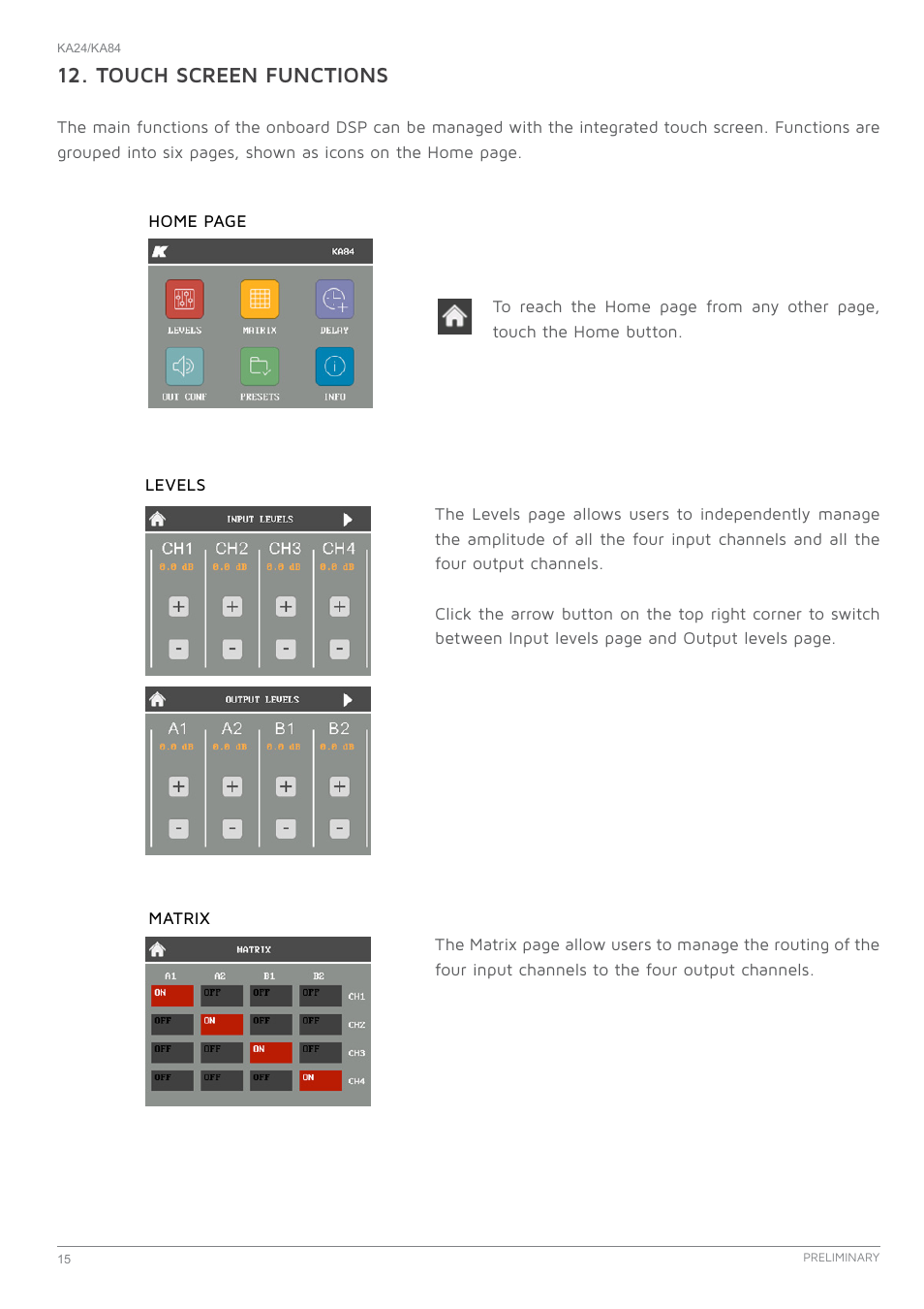 Levels, Matrix, Levels 15 | Matrix 15, Touch screen functions | K-array KA24 User Manual | Page 15 / 24