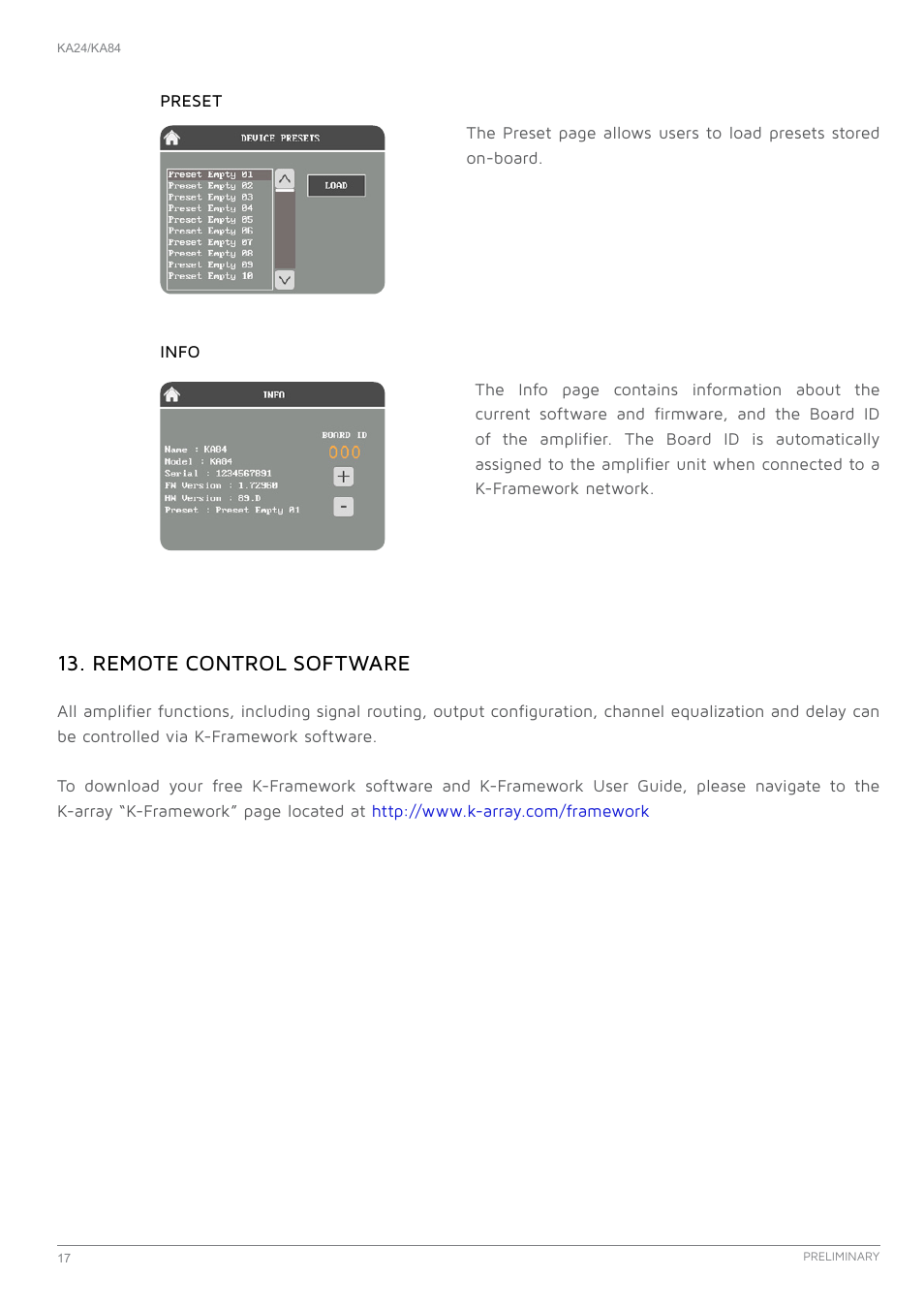 Remote control software, Preset, Info | O 17 | K-array KA24 User Manual | Page 17 / 24