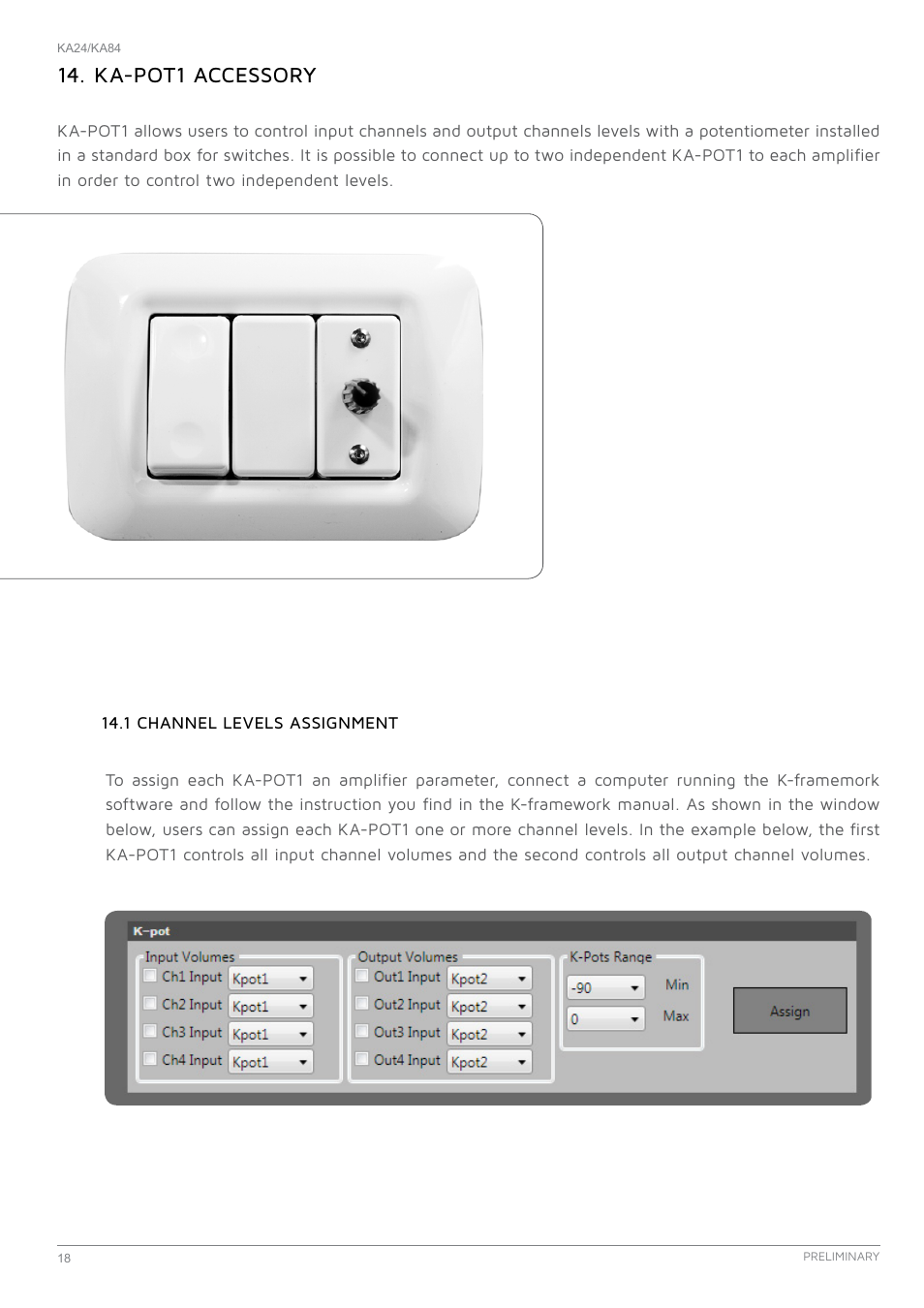 Ka-pot1 accessory, 1 channel levels assignment | K-array KA24 User Manual | Page 18 / 24