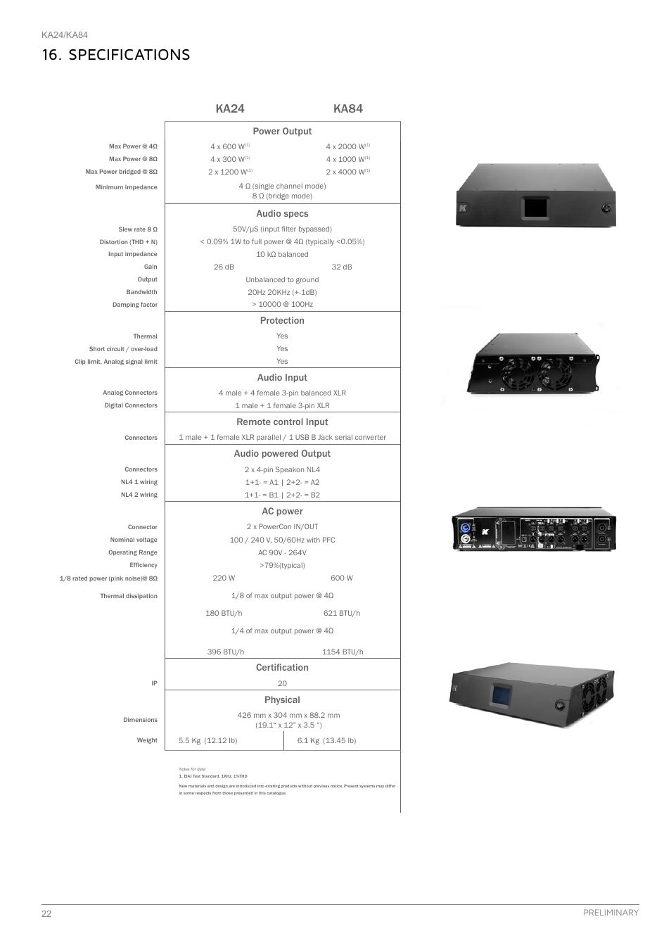 Specifications, Ka24 ka84 | K-array KA24 User Manual | Page 22 / 24