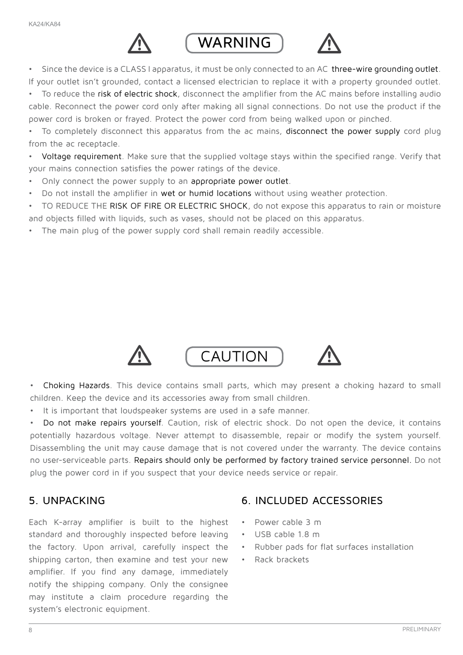 Unpacking, Included accessories, Warning | Caution | K-array KA24 User Manual | Page 8 / 24