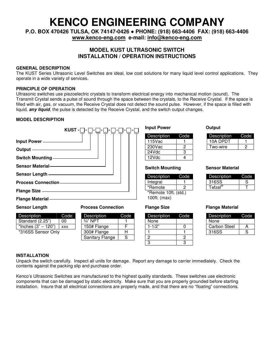 Kenco Engineering KUST Switch User Manual | 4 pages