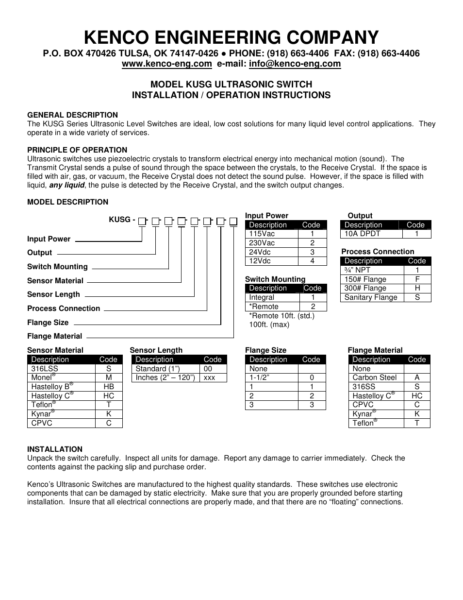 Kenco Engineering KUSG Switch User Manual | 4 pages