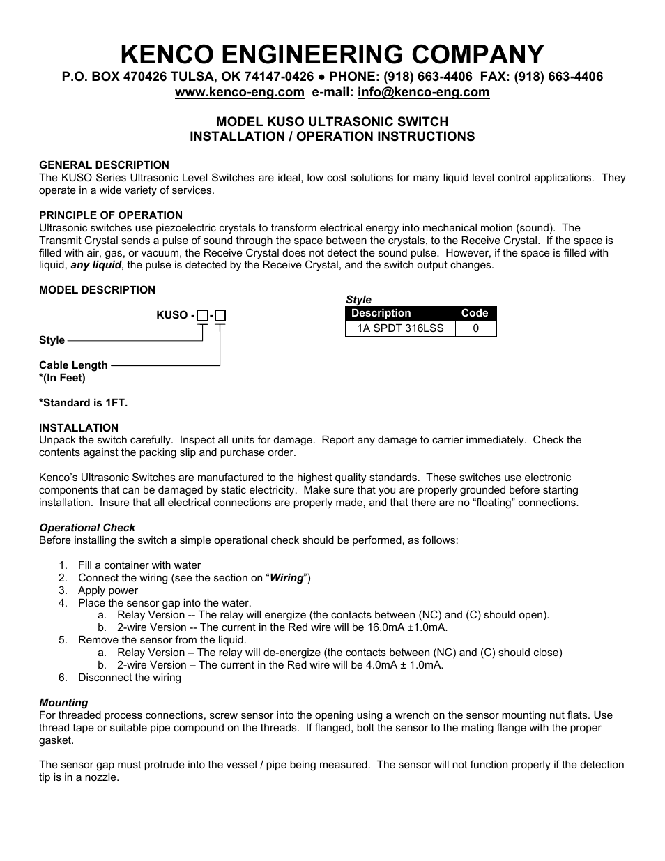 Kenco Engineering KUSO Switch User Manual | 2 pages