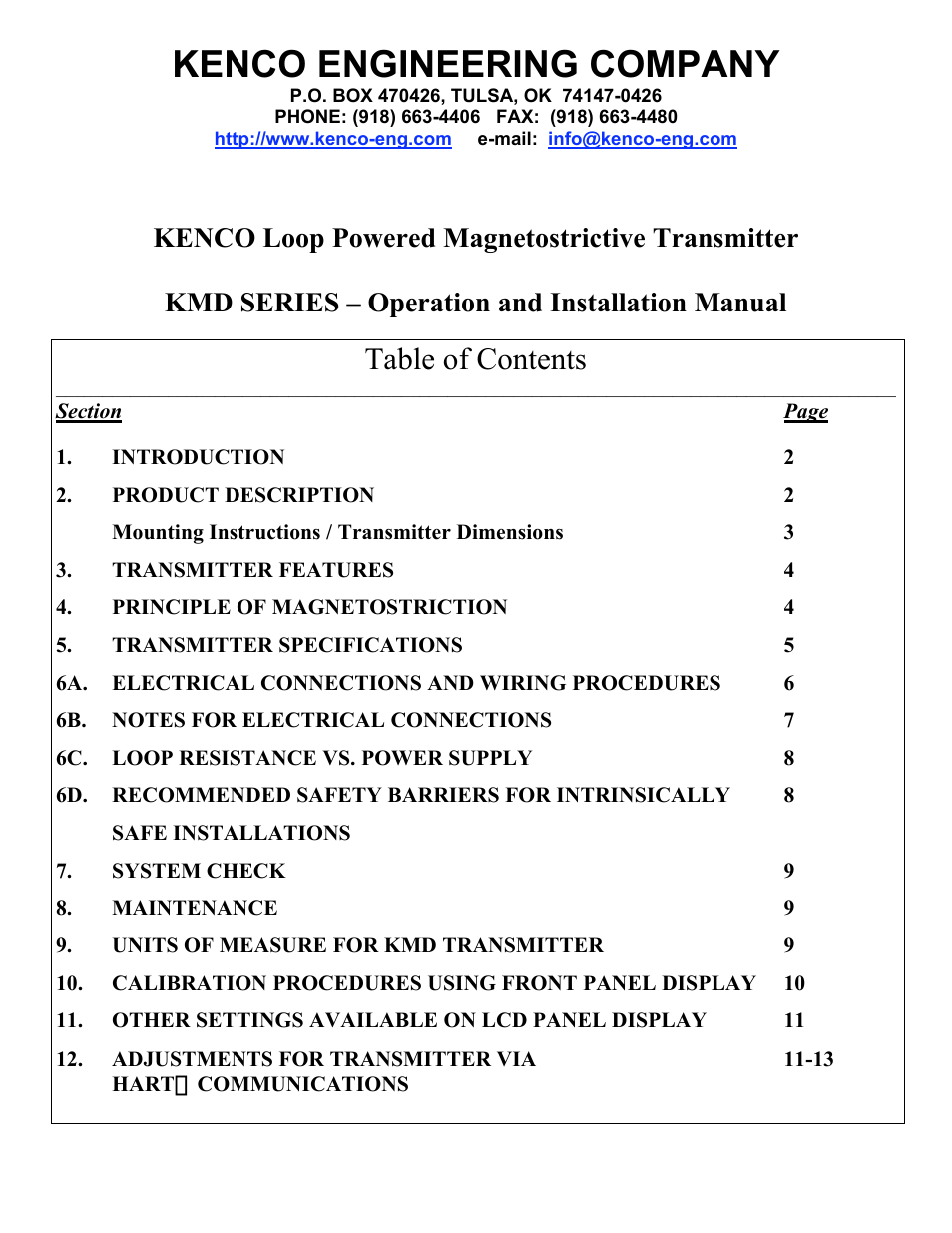 Kenco Engineering KMD Transmitter User Manual | 13 pages