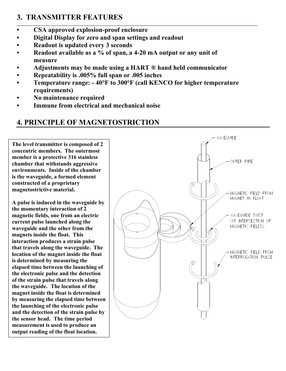 Transmitter features, Principle of magnetostriction | Kenco Engineering KMD Transmitter User Manual | Page 4 / 13